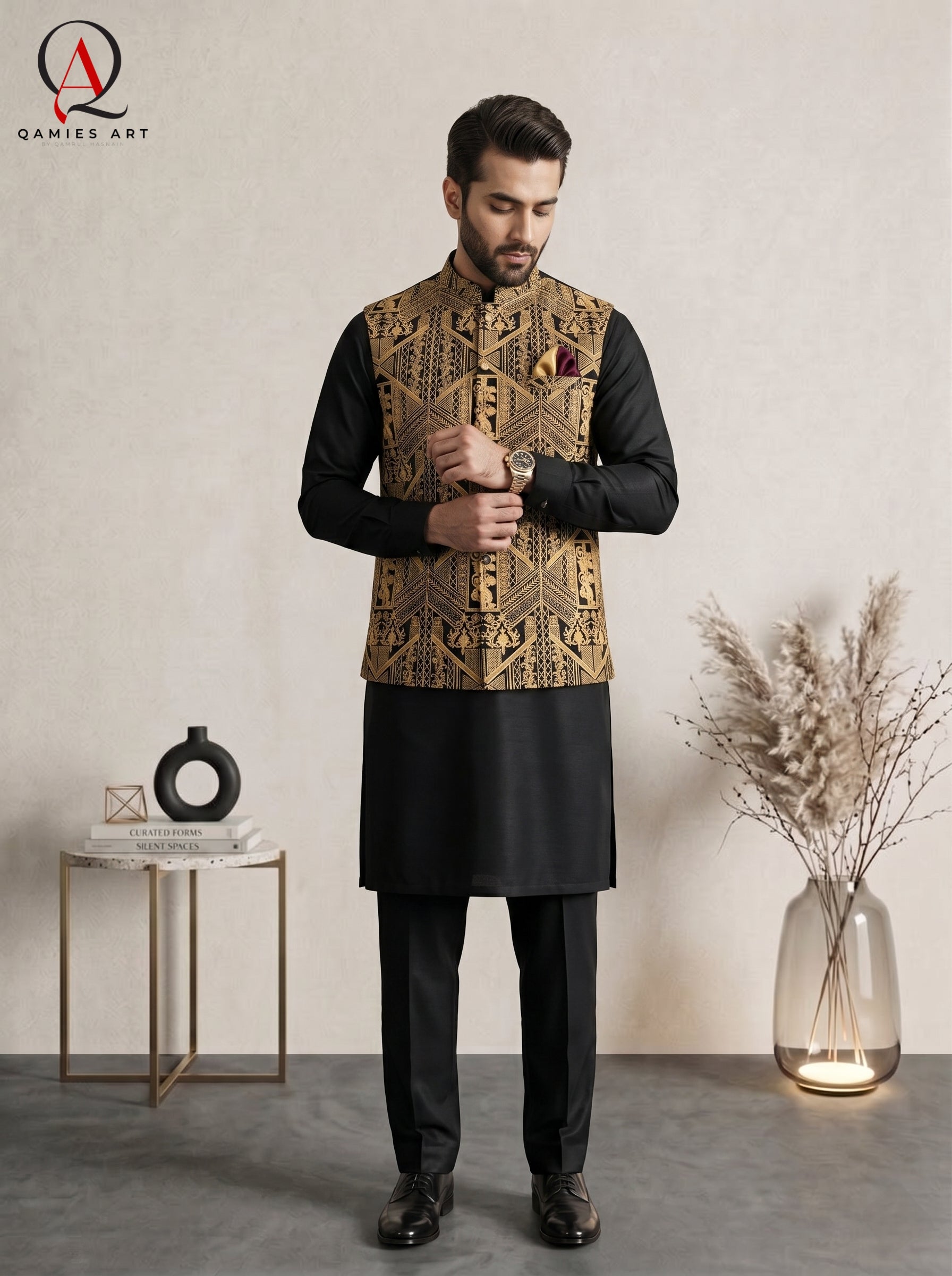 Luxury Black Waistcoat with Geometric Royal Golden Machine Embroidery