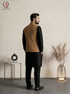 Men’s Black Waistcoat With Premium Gold Thread Machine Embroidered