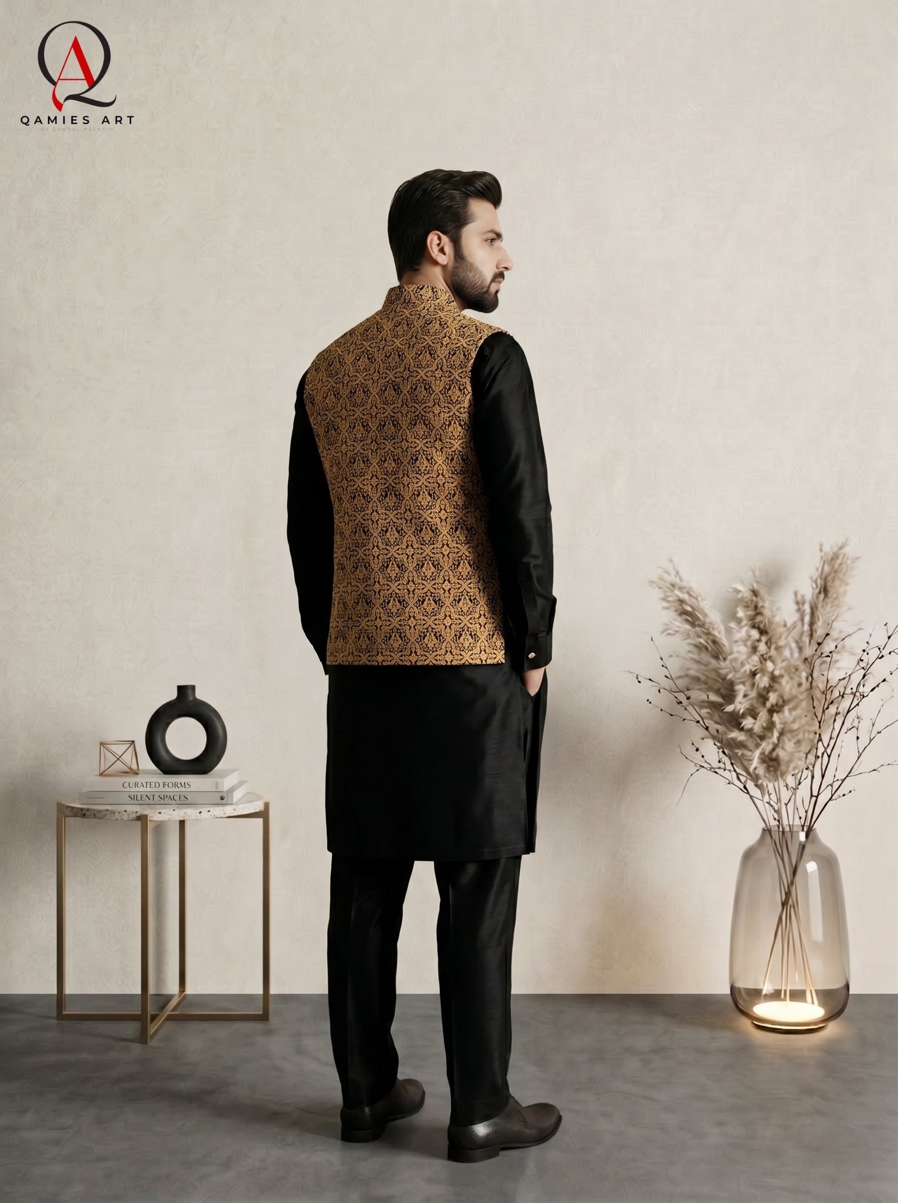 Men’s Black Waistcoat With Premium Gold Thread Machine Embroidered