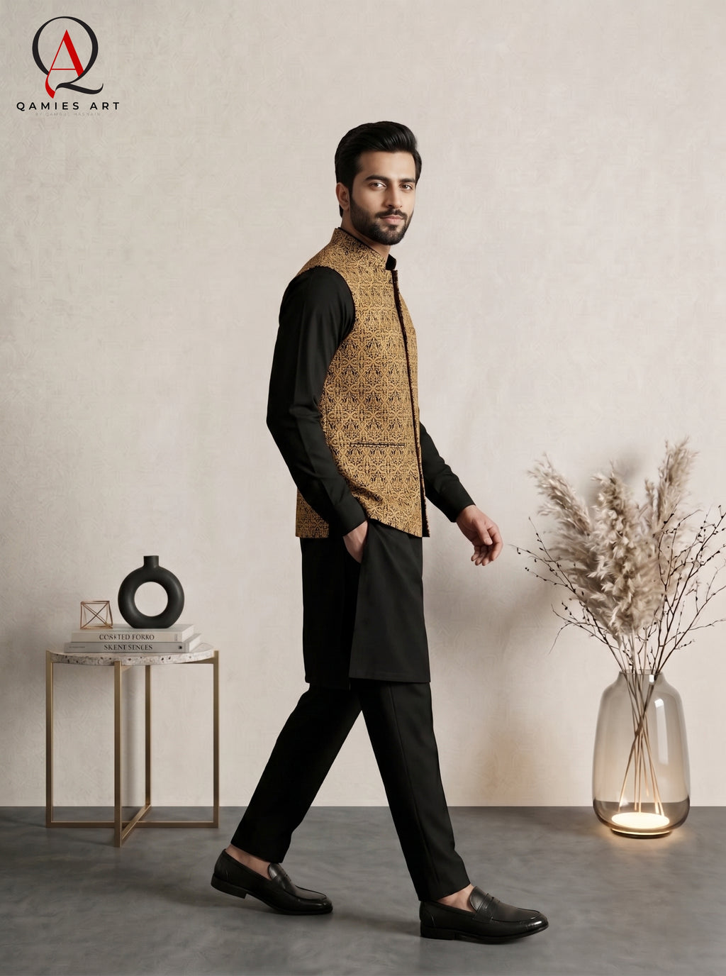 Men’s Black Waistcoat With Premium Gold Thread Machine Embroidered