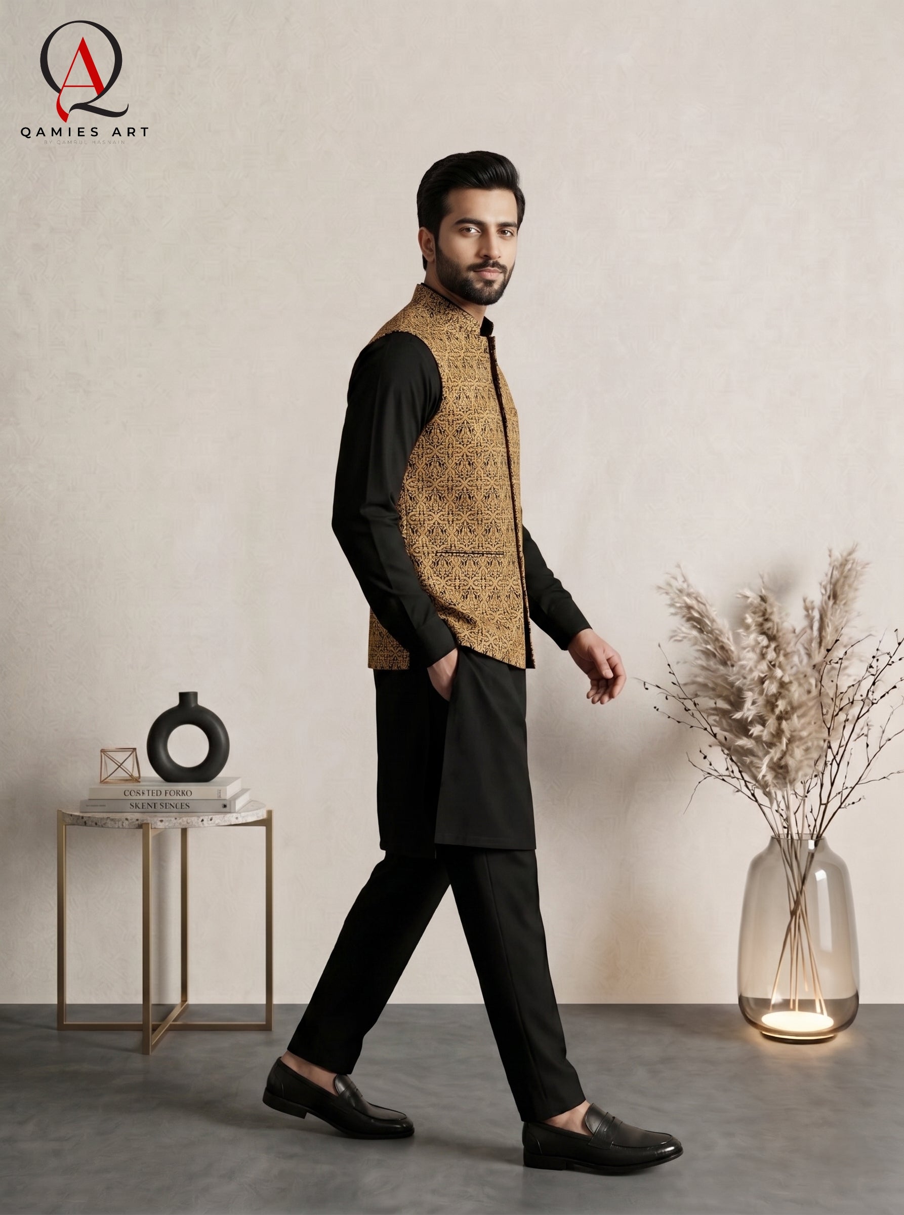 Men’s Black Waistcoat With Premium Gold Thread Machine Embroidered