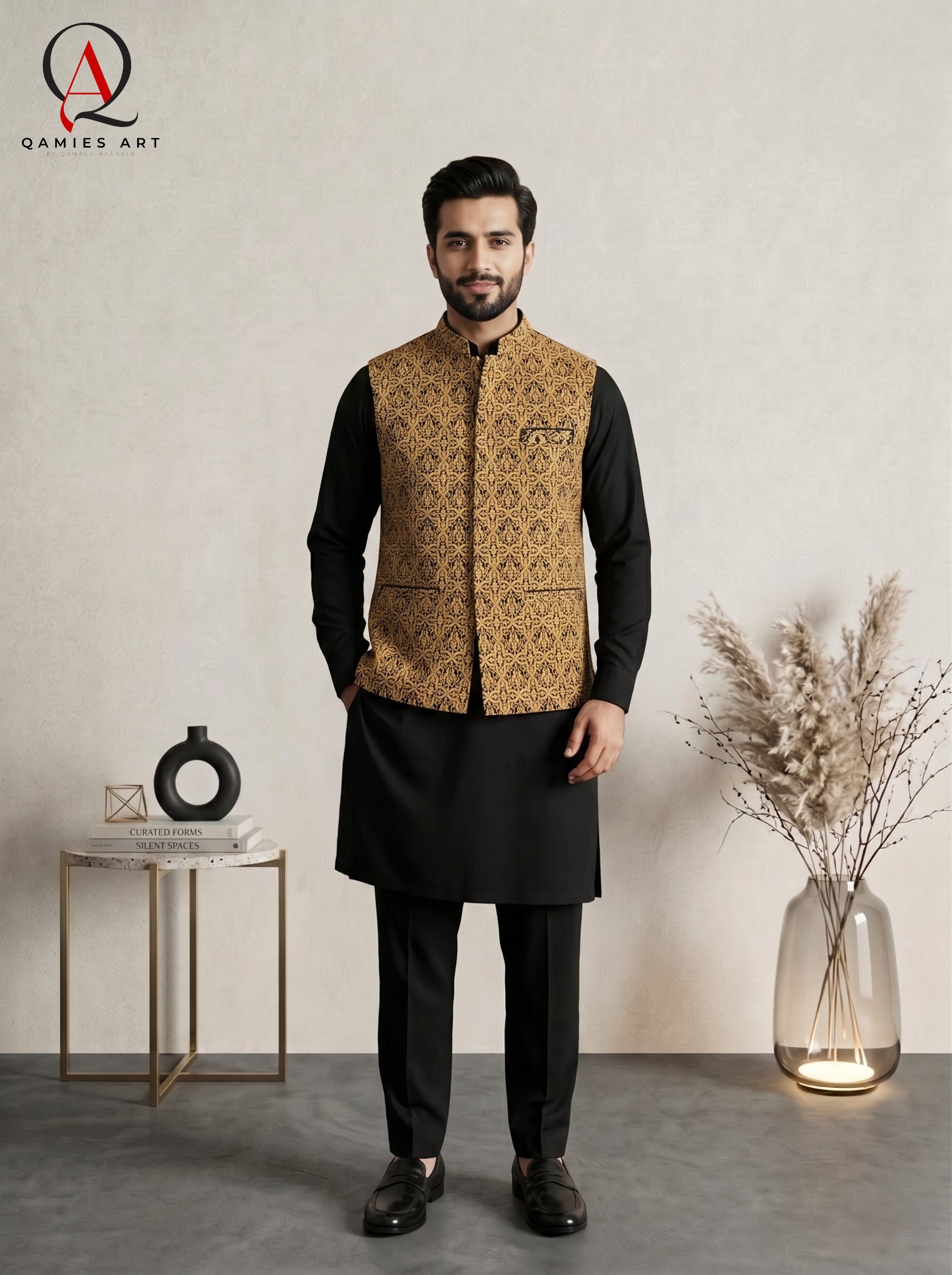 Men’s Black Waistcoat With Premium Gold Thread Machine Embroidered