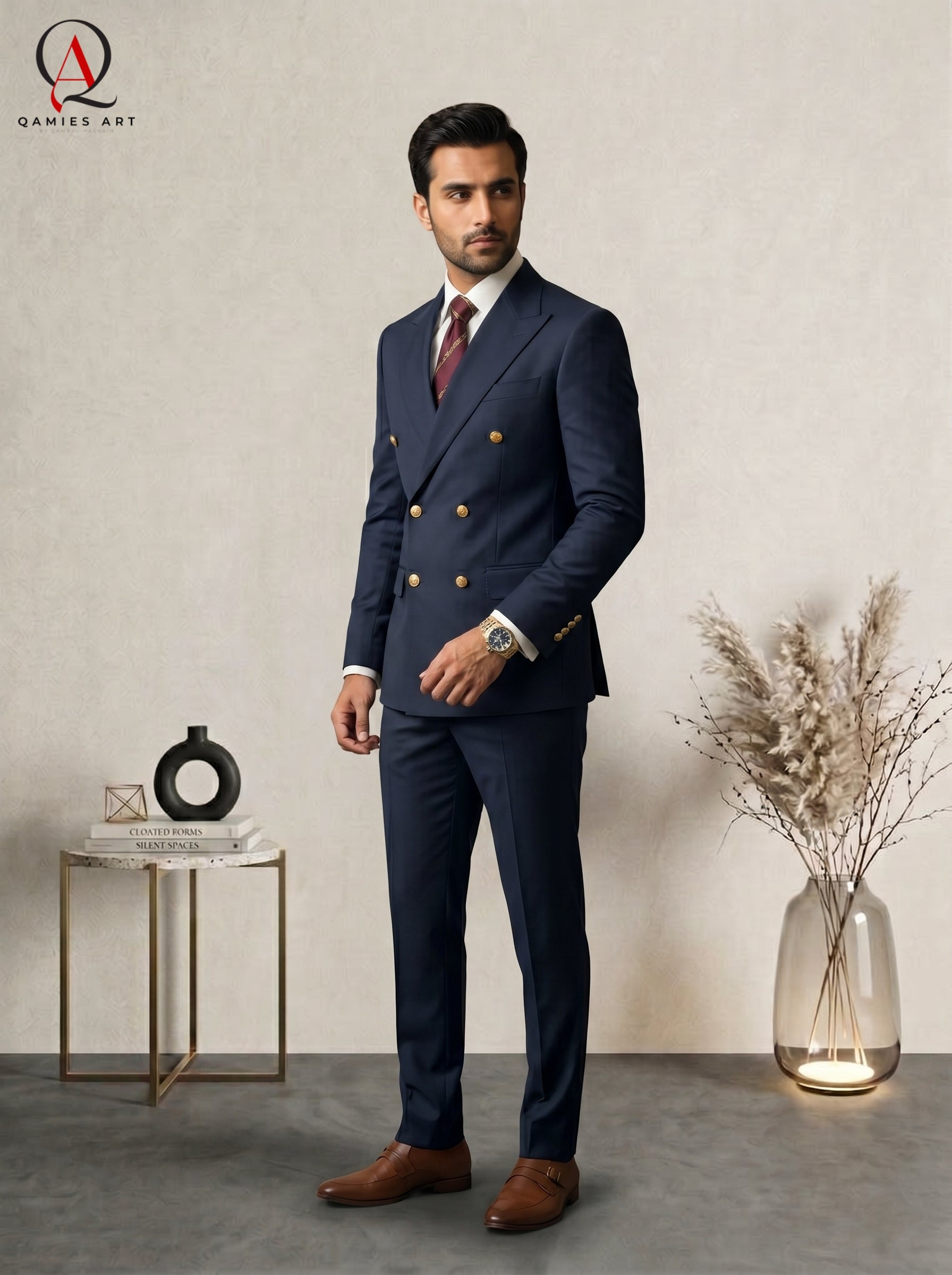 Qamies Art Navy Blue Double-Breasted Suit Coat Pant