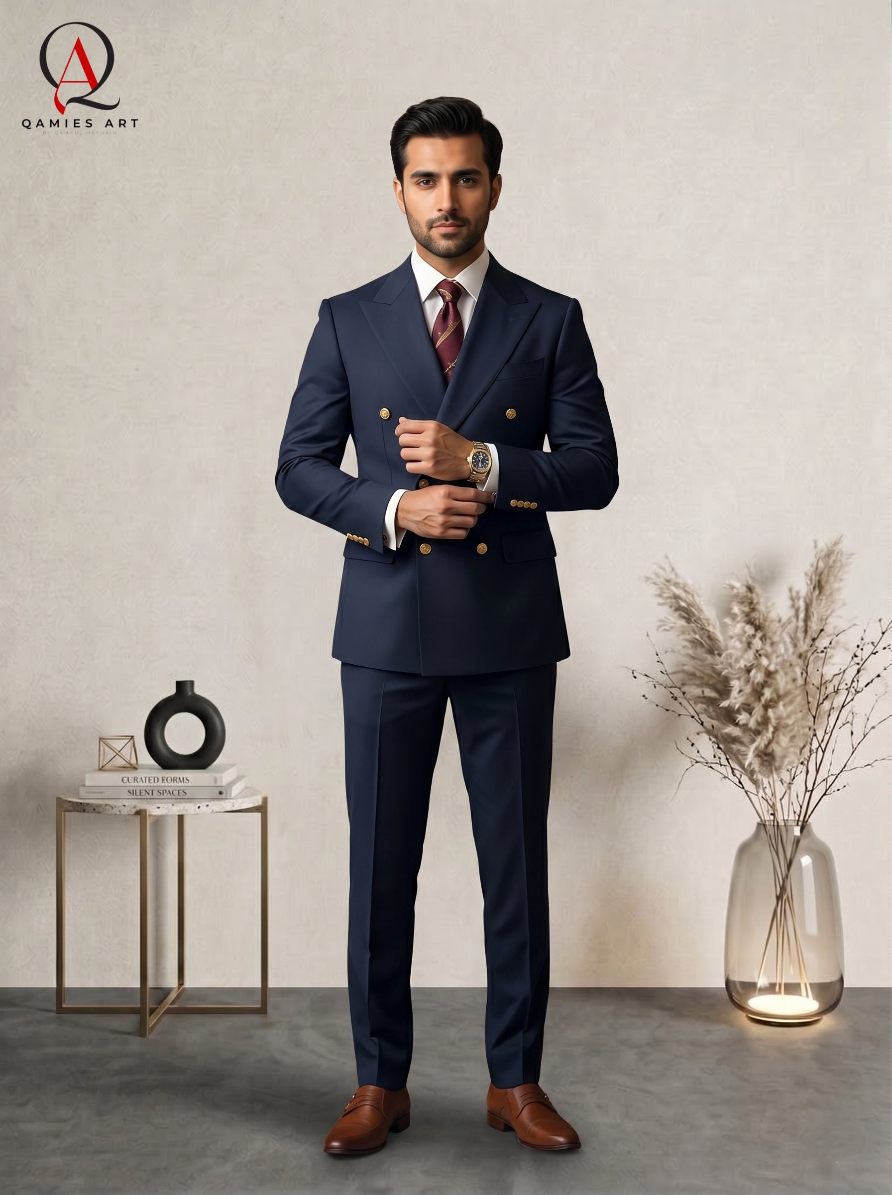 Qamies Art Navy Blue Double-Breasted Suit Coat Pant