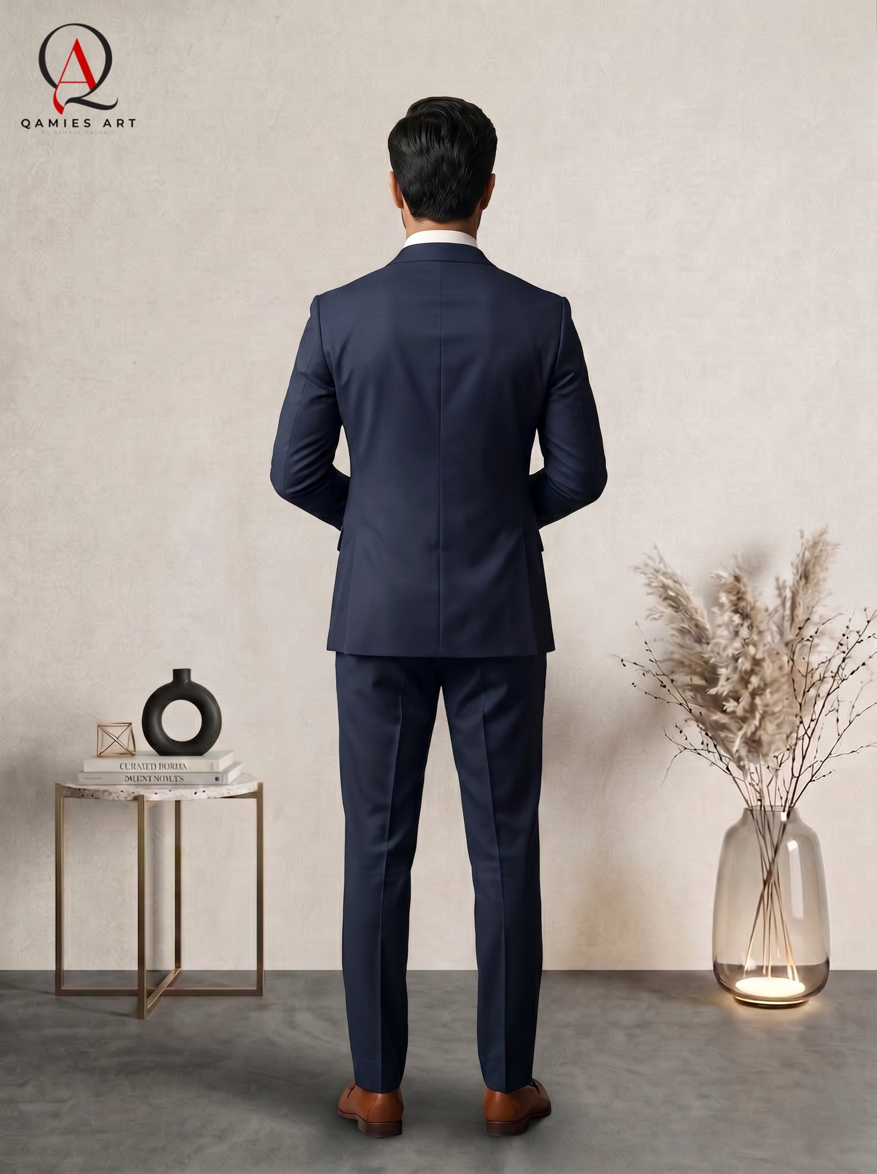 Qamies Art Navy Blue Double-Breasted Suit Coat Pant