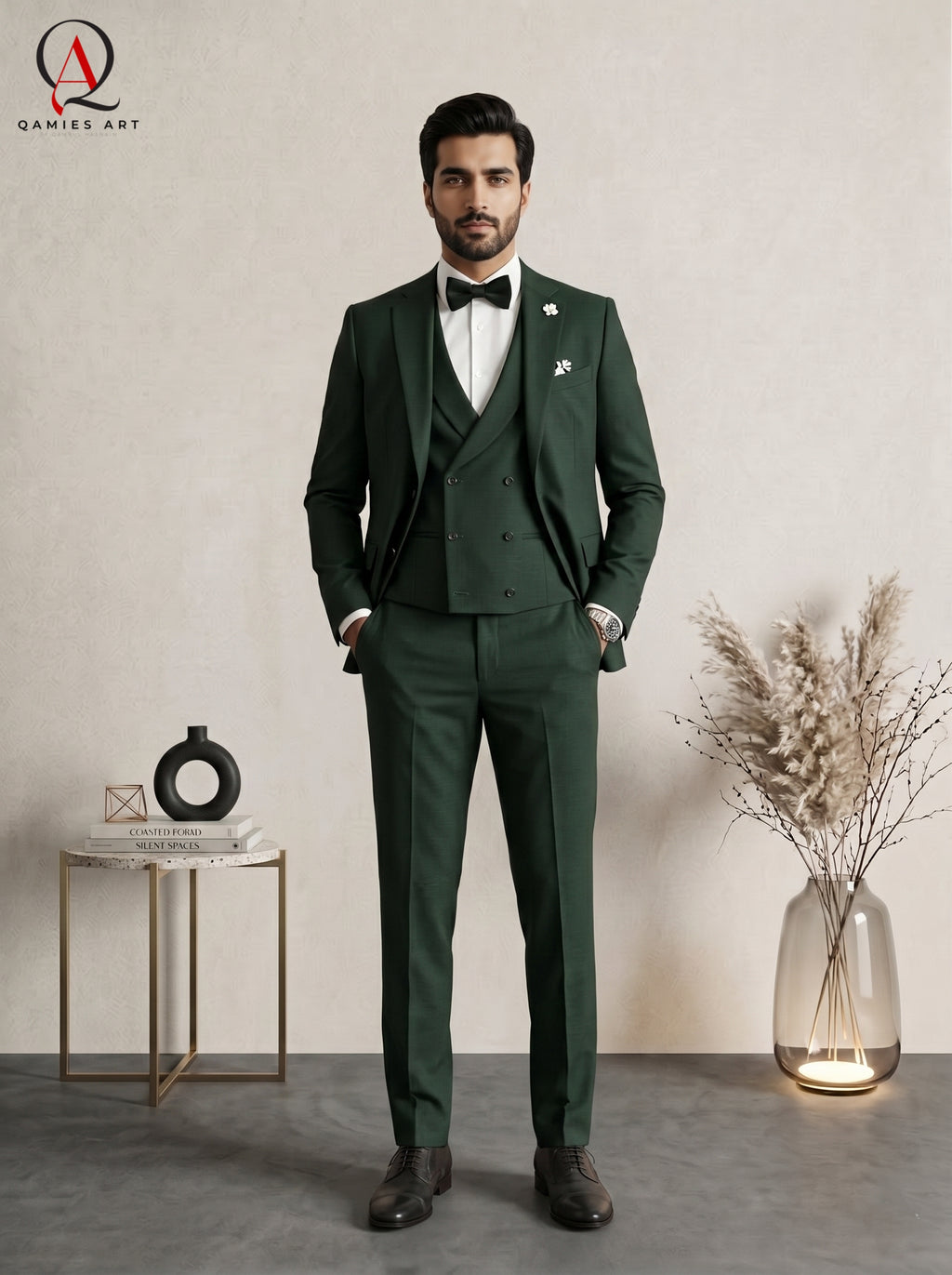 Qamies Art Emerald Green 3 Piece Suit Coat Pant