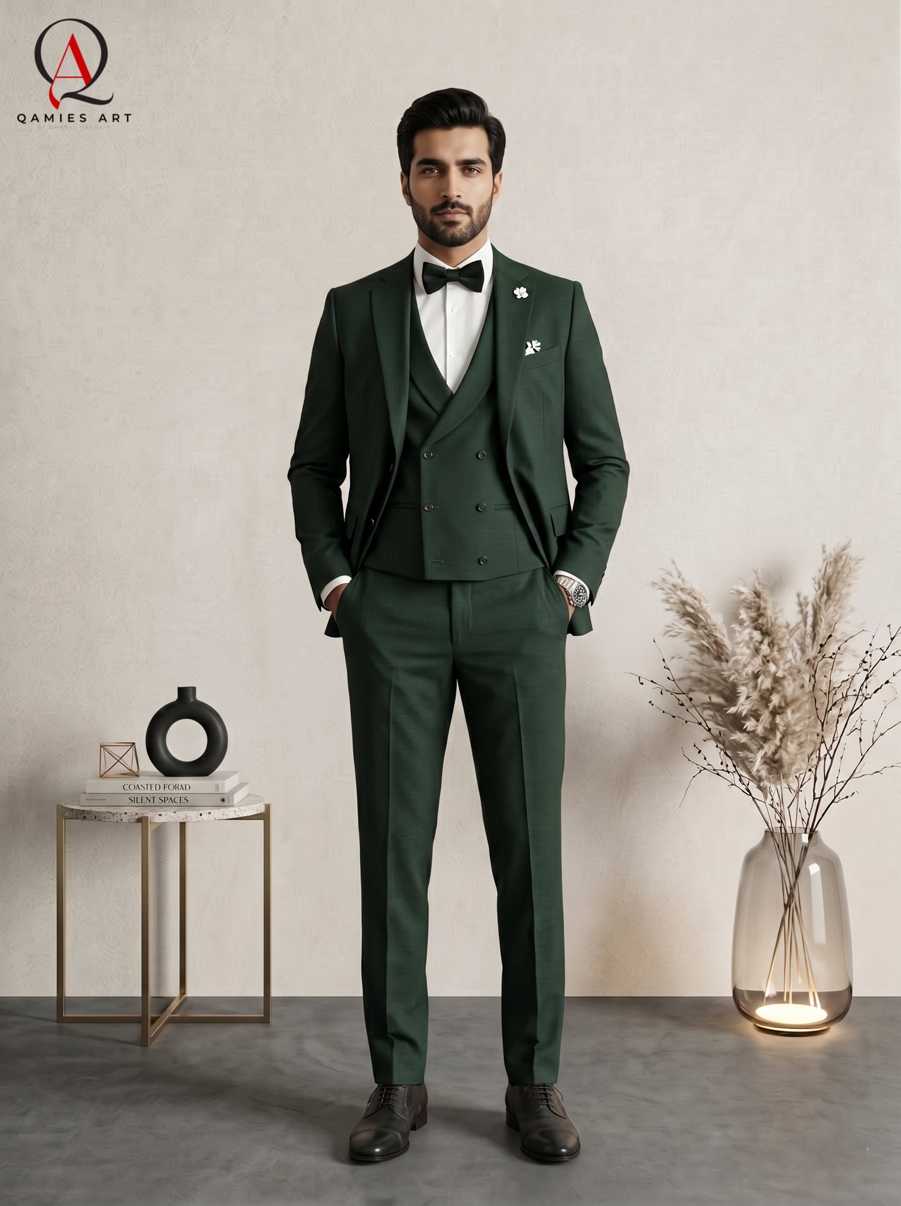 Qamies Art Emerald Green 3 Piece Suit Coat Pant