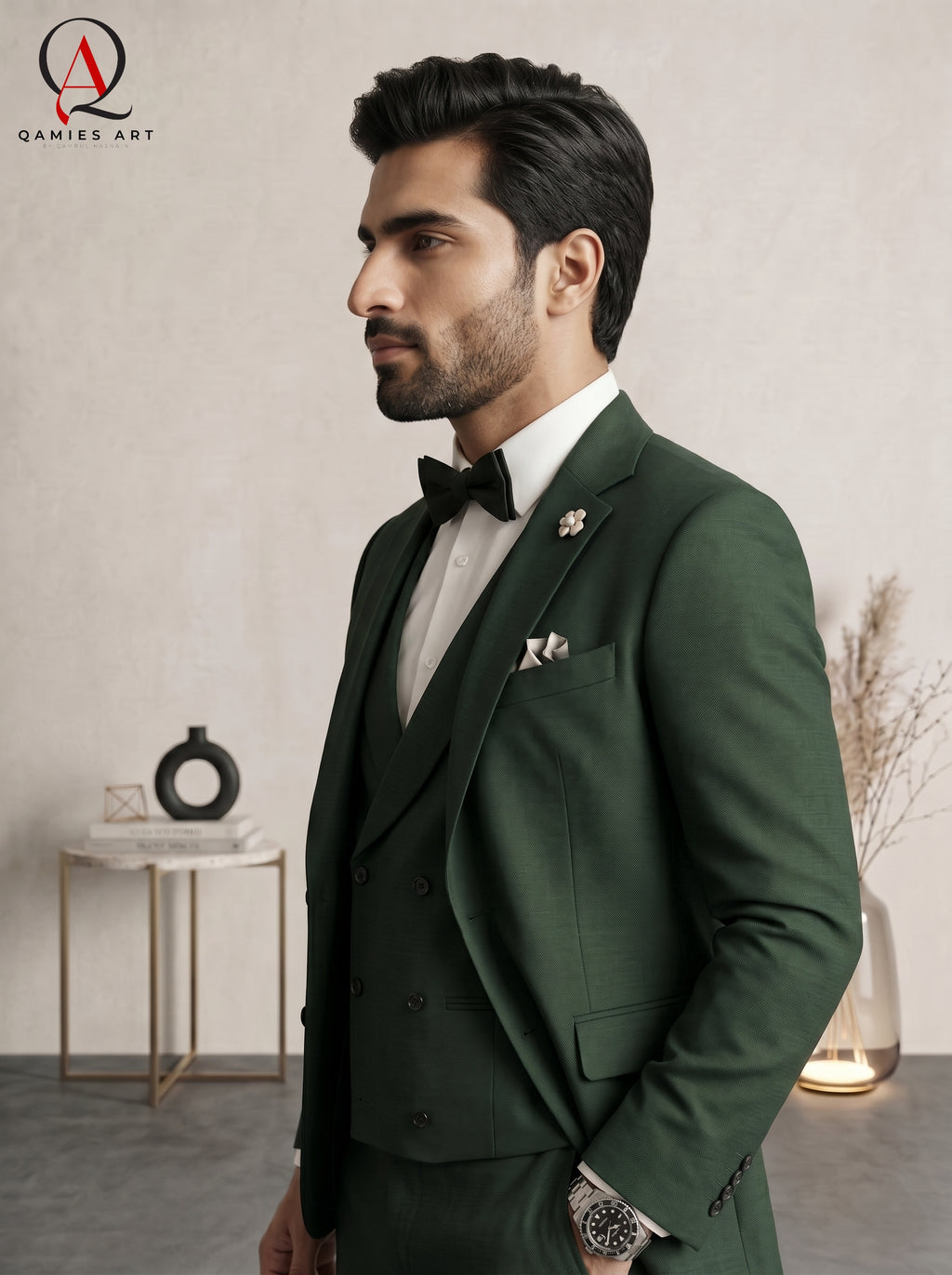 Qamies Art Emerald Green 3 Piece Suit Coat Pant