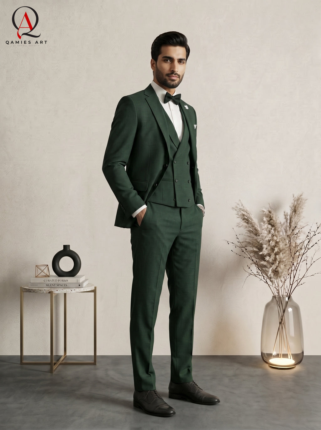 Qamies Art Emerald Green 3 Piece Suit Coat Pant