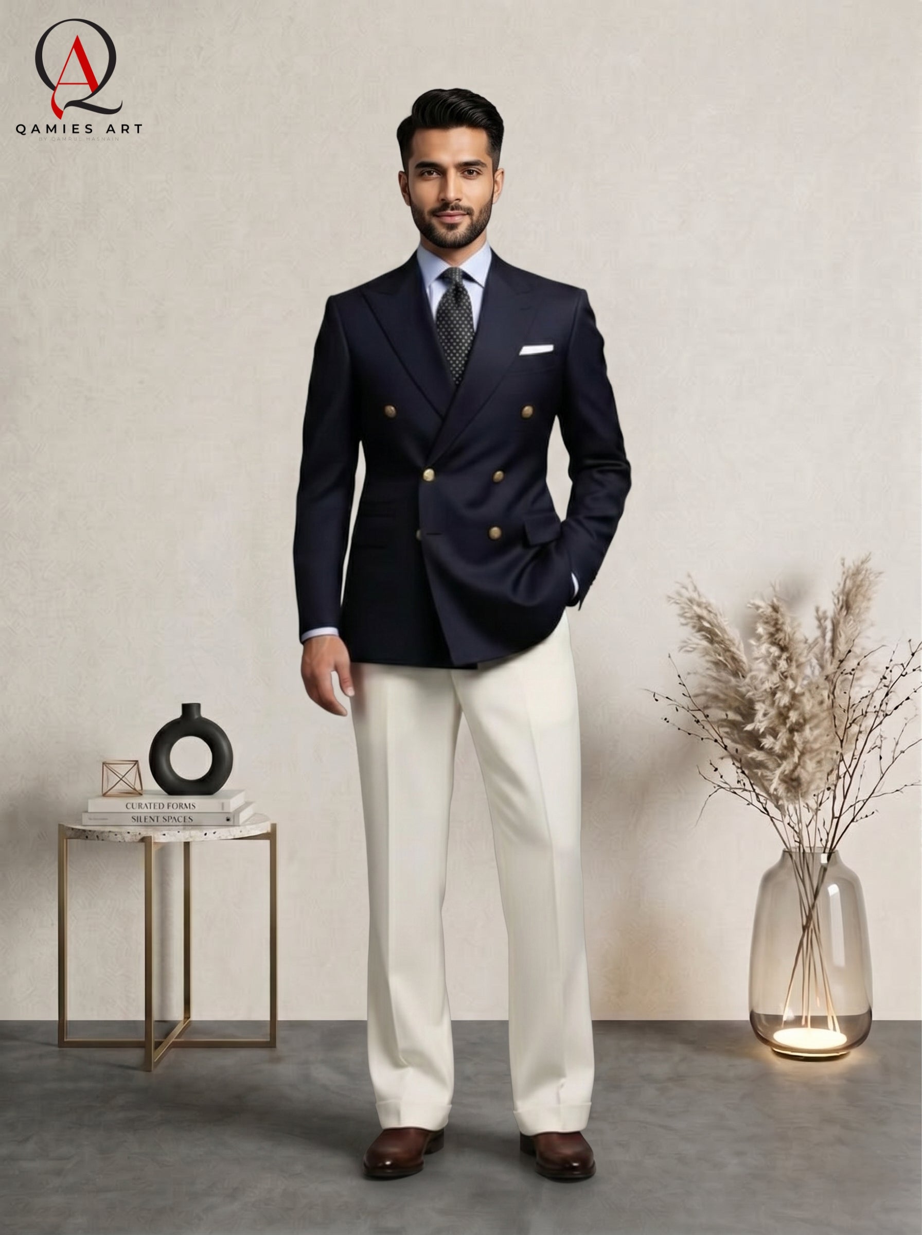 Double-Breasted Blazer/Coat With Beige Pant Suit | Ralph Lauren Inspired