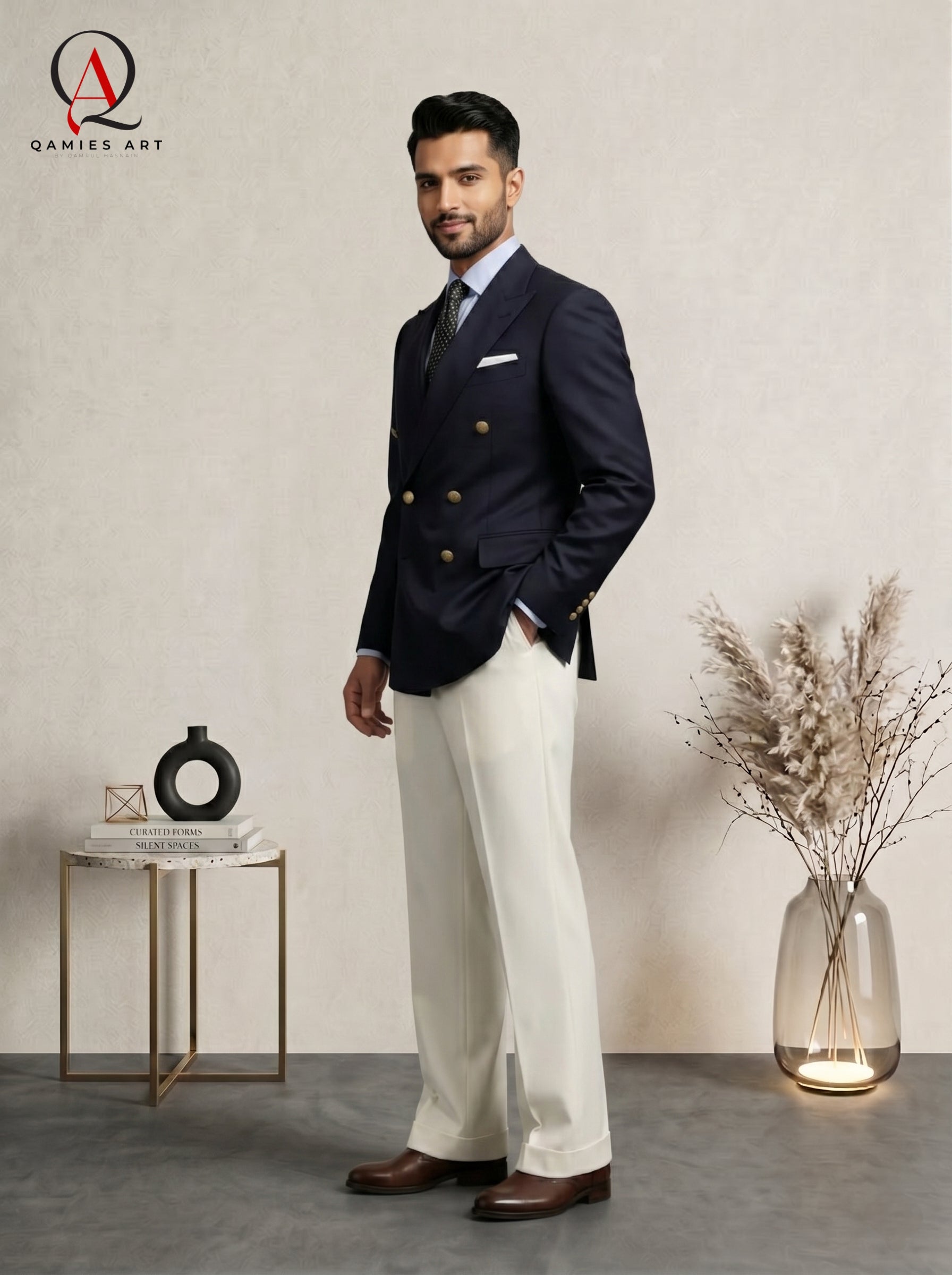 Double-Breasted Blazer/Coat With Beige Pant Suit | Ralph Lauren Inspired