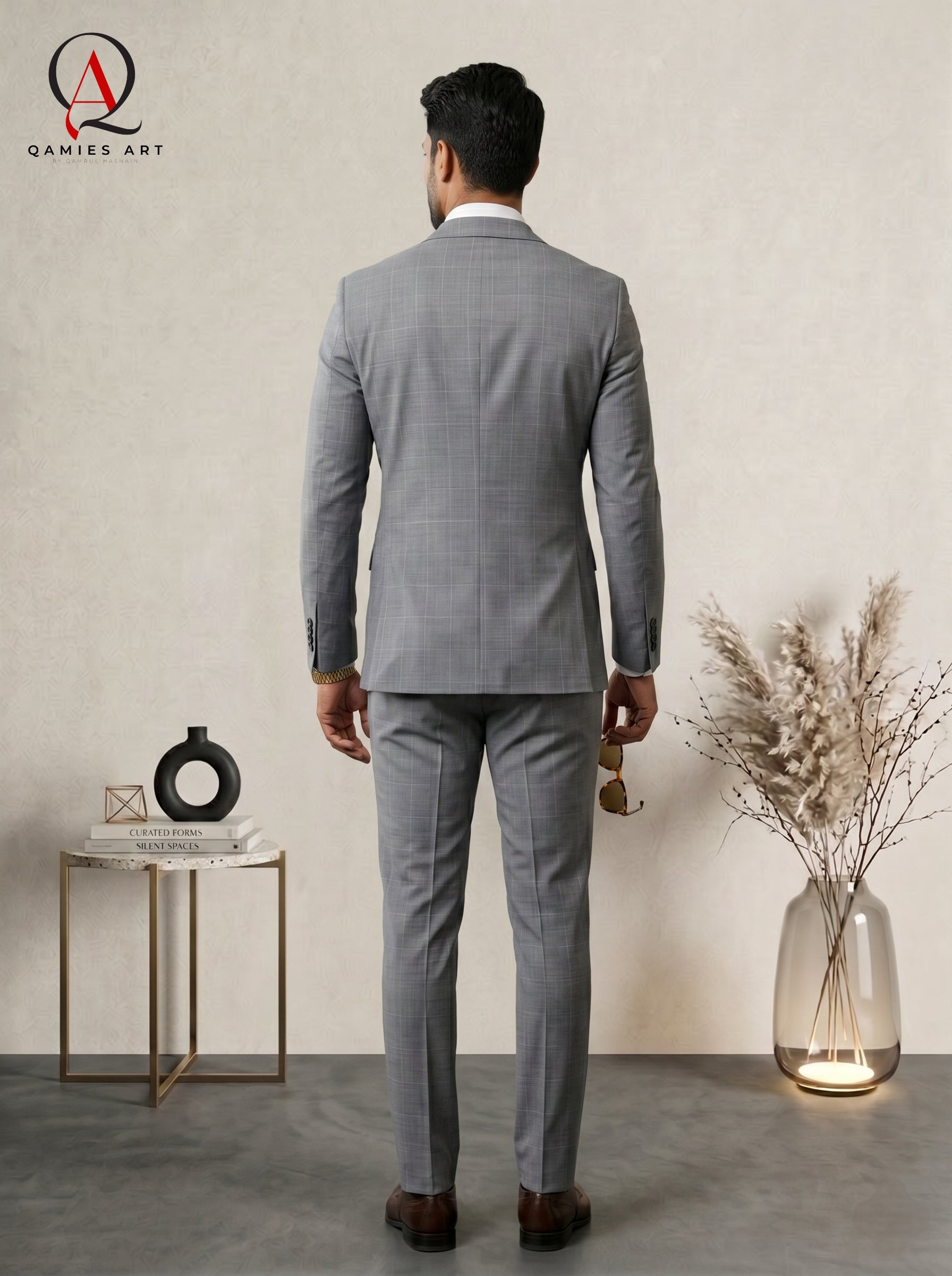 Qamies Art Light Grey Single-breasted Suit Coat Pant