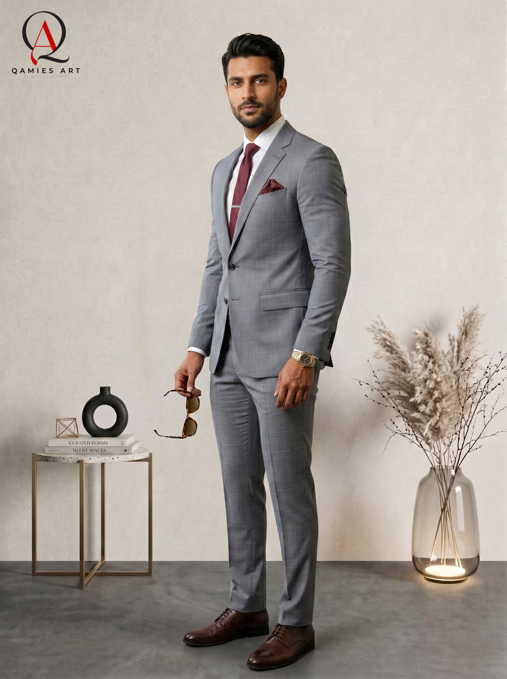 Qamies Art Light Grey Single-breasted Suit Coat Pant