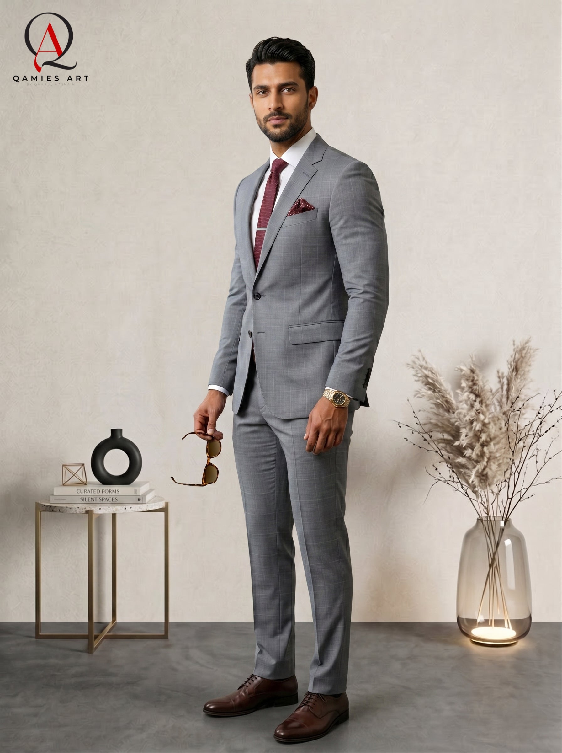 Qamies Art Light Grey Single-breasted Suit Coat Pant
