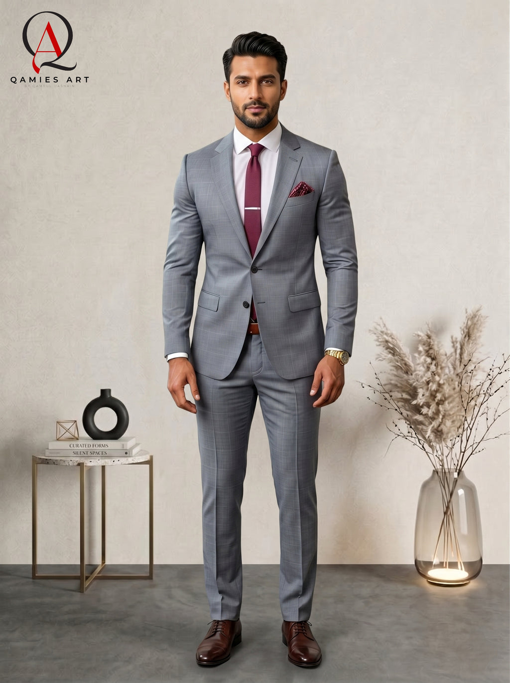 Qamies Art Light Grey Single-breasted Suit Coat Pant