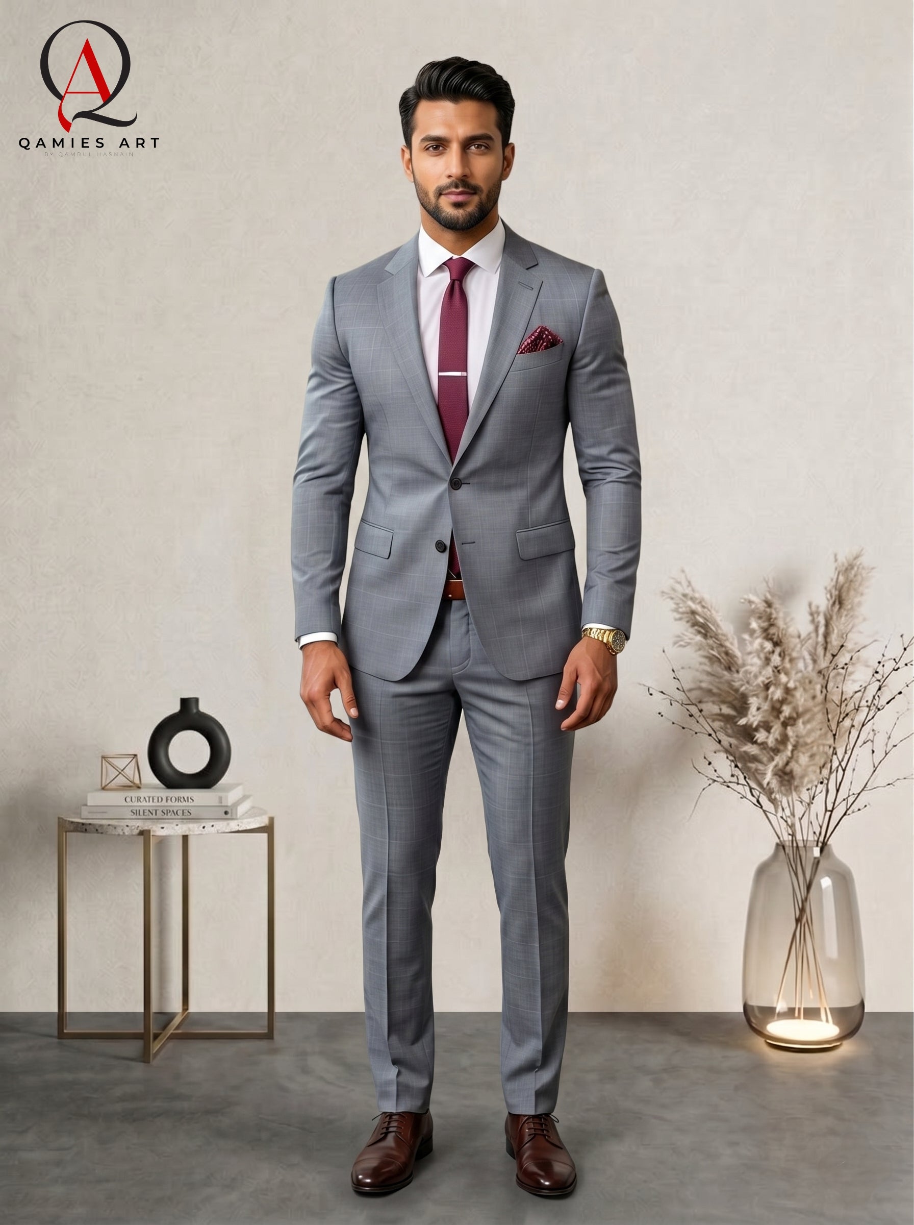 Qamies Art Light Grey Single-breasted Suit Coat Pant