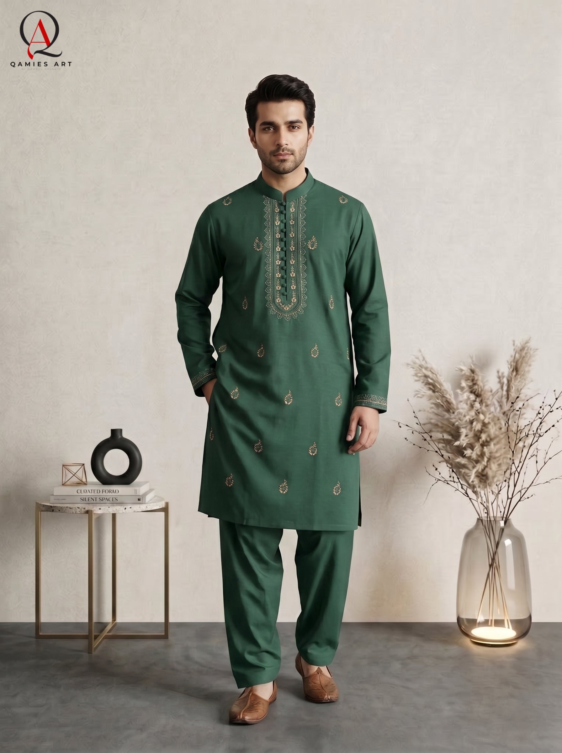 Green Embroidered Kurta Trouser Set