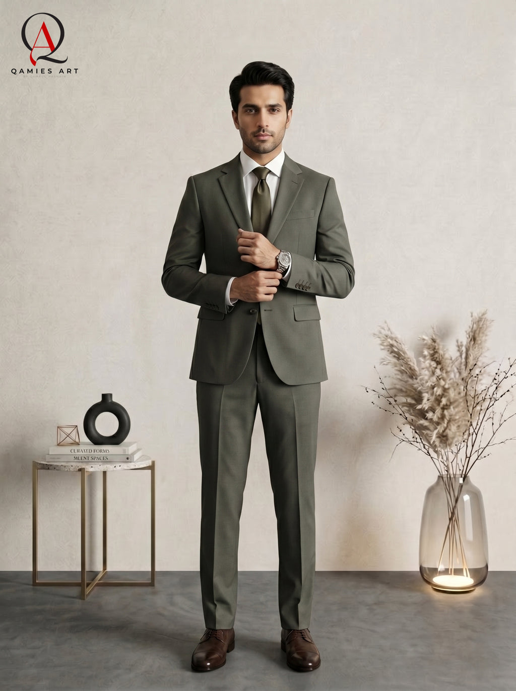 Qamies Art Olive Green Single-breasted Suit Coat Pant