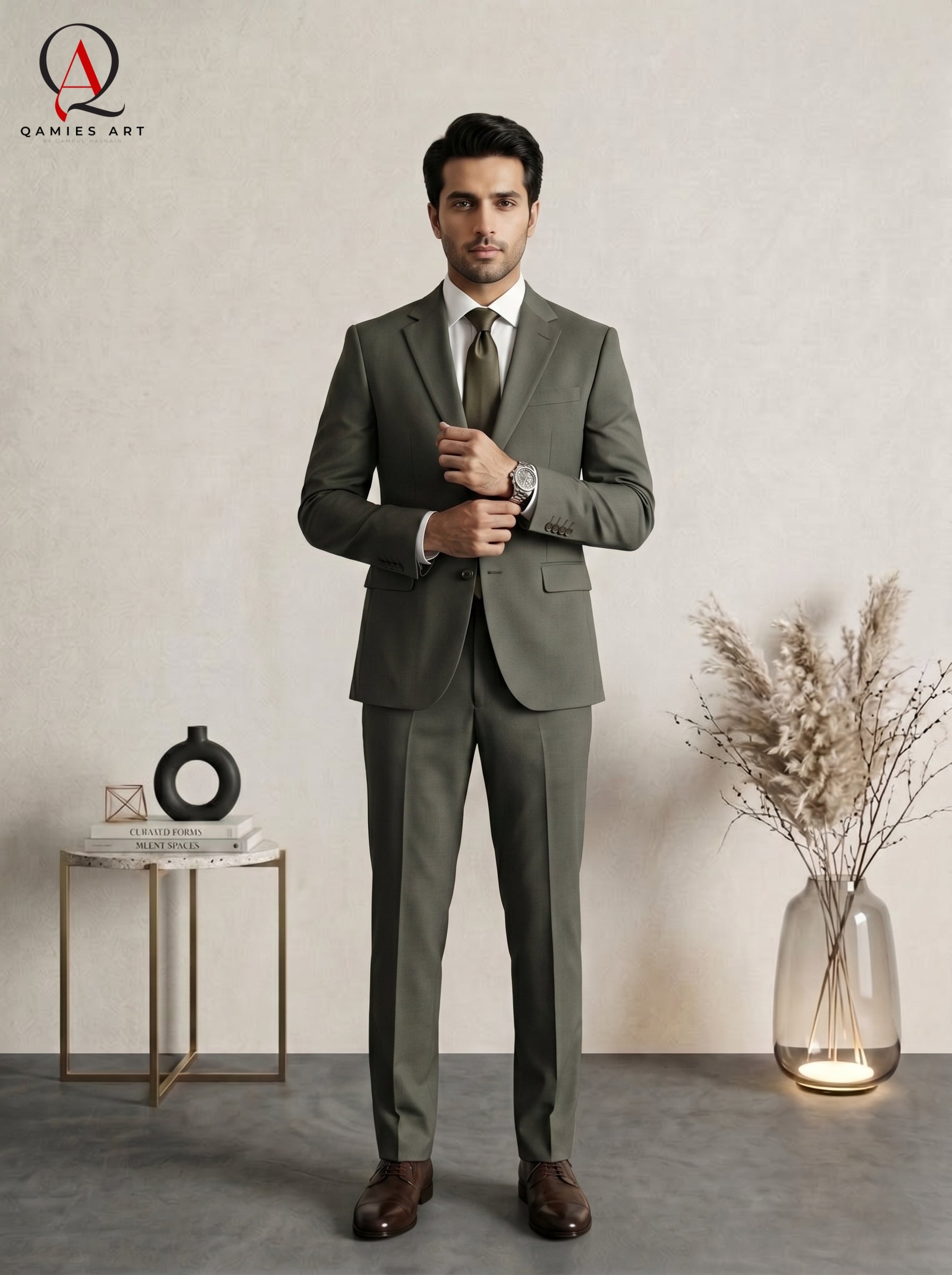 Qamies Art Olive Green Single-breasted Suit Coat Pant