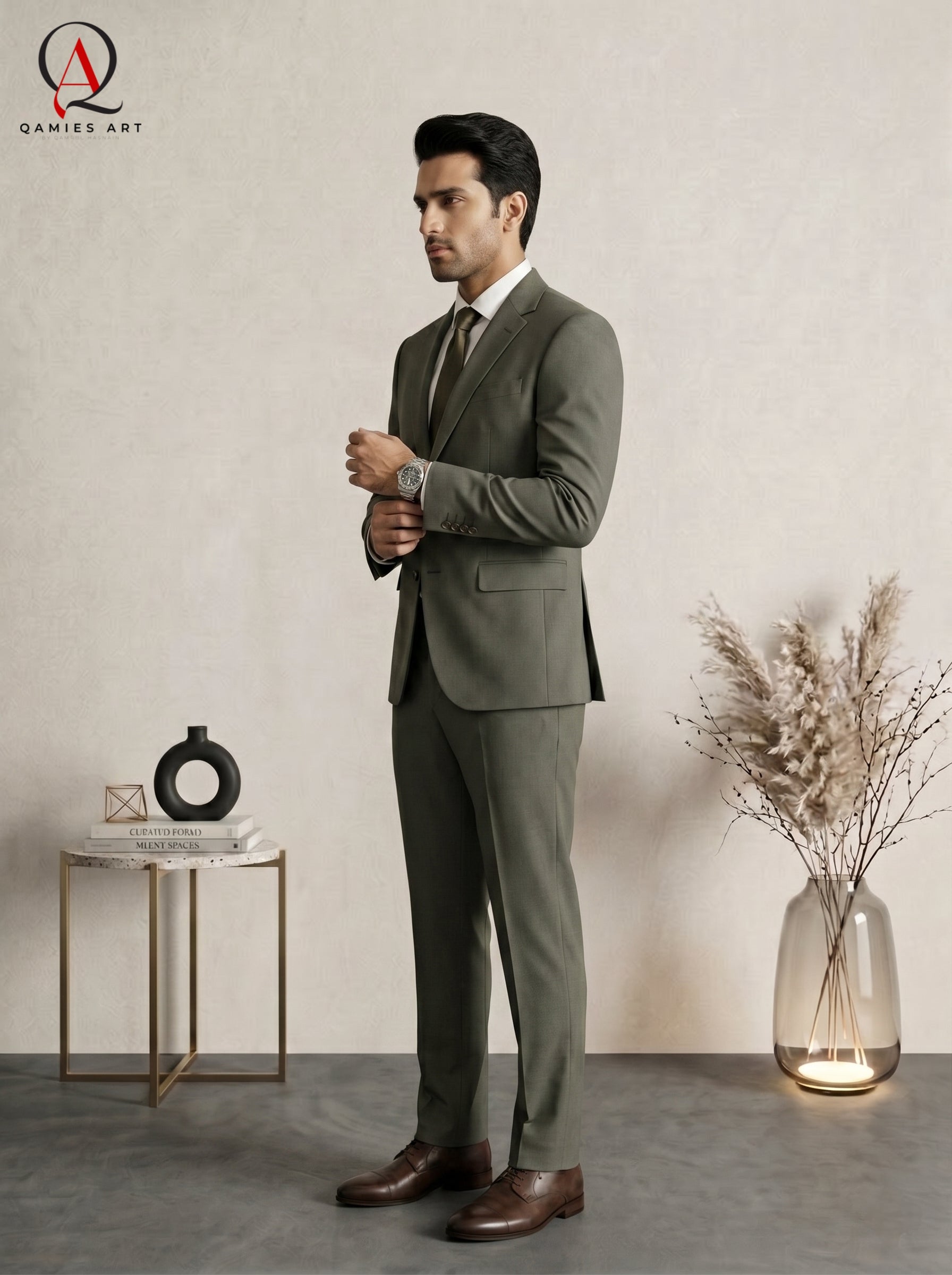 Qamies Art Olive Green Single-breasted Suit Coat Pant