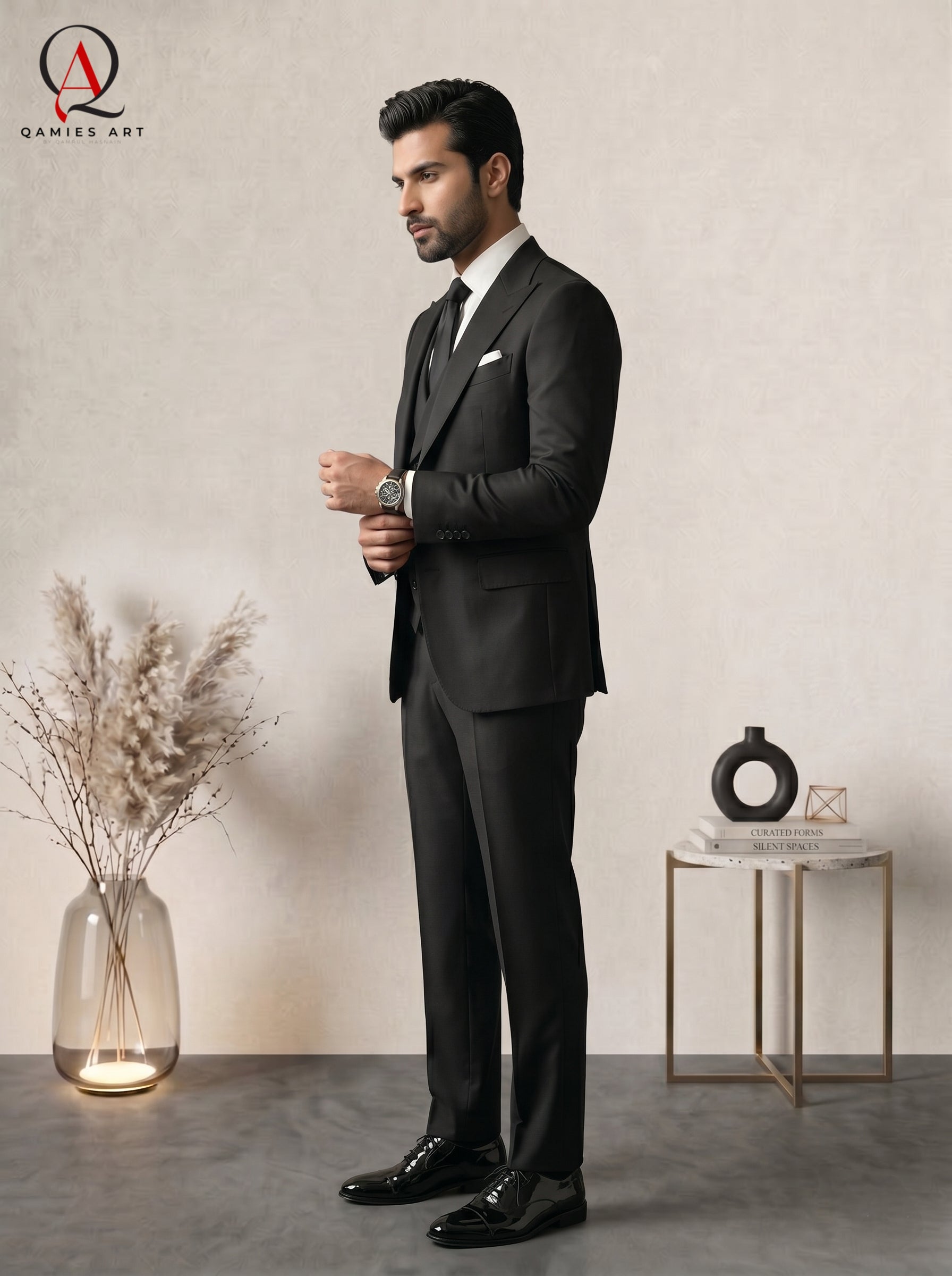 Qamies Art Black 3 Piece Suit Coat Pant