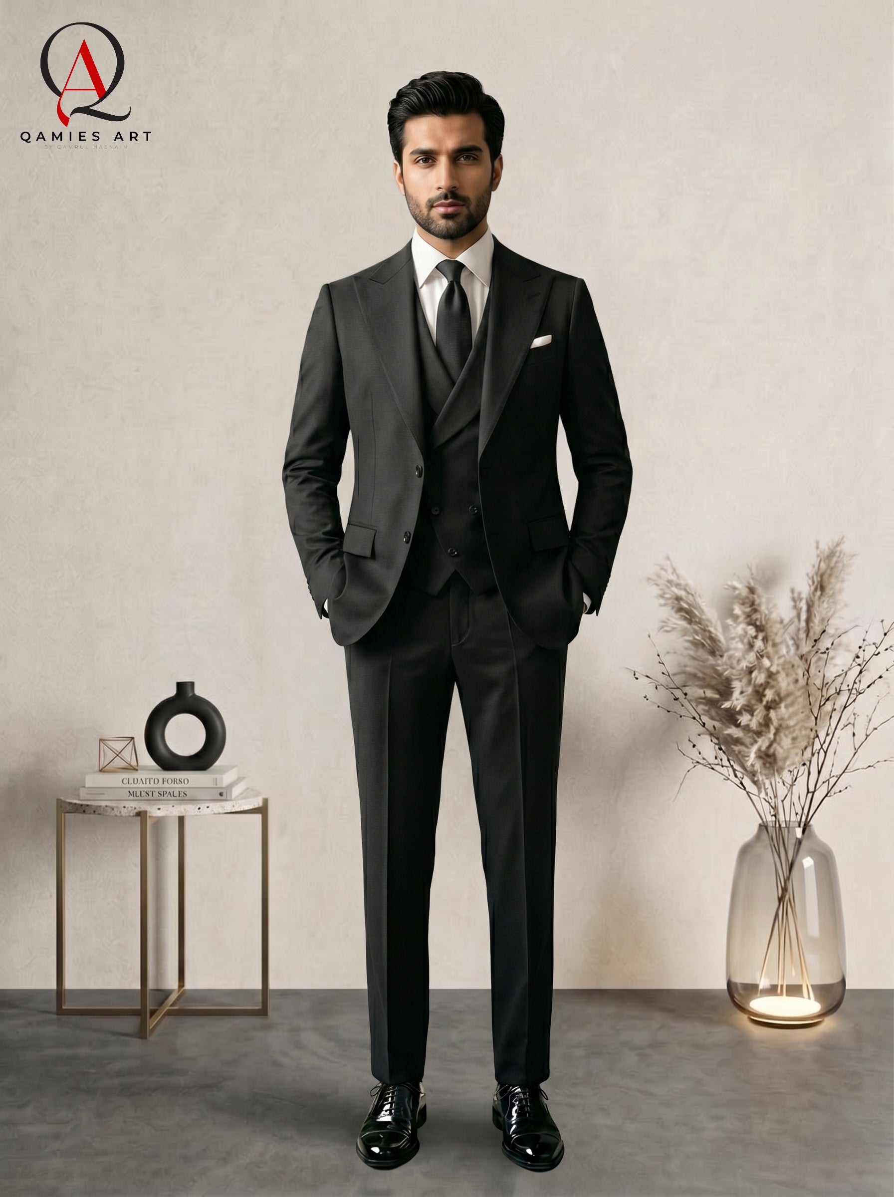 Qamies Art Black 3 Piece Suit Coat Pant