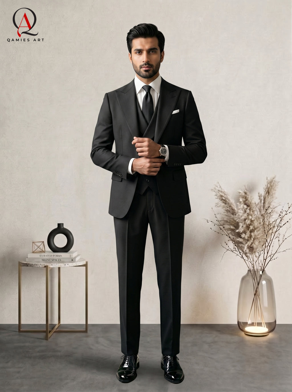 Qamies Art Black 3 Piece Suit Coat Pant