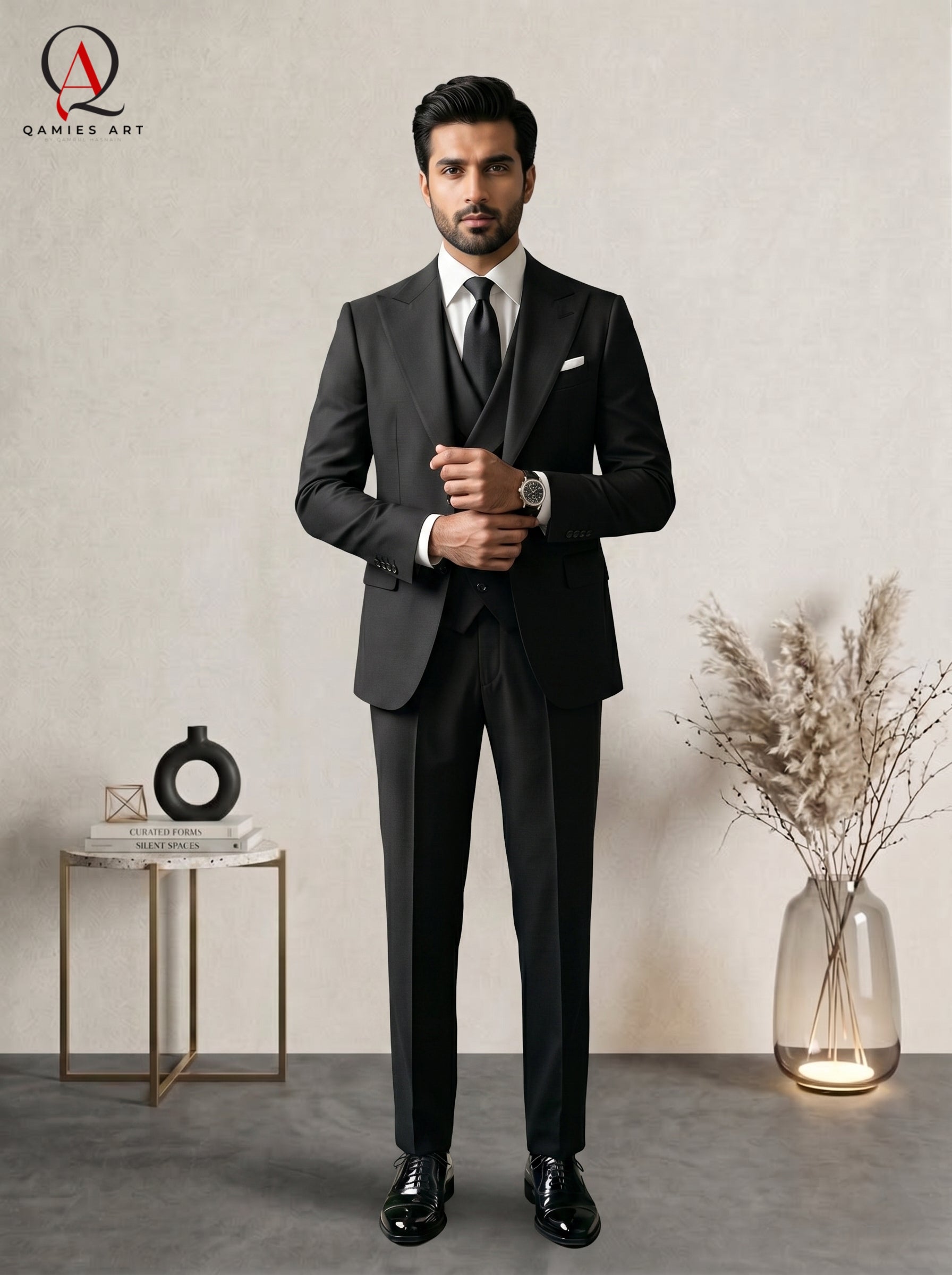 Qamies Art Black 3 Piece Suit Coat Pant