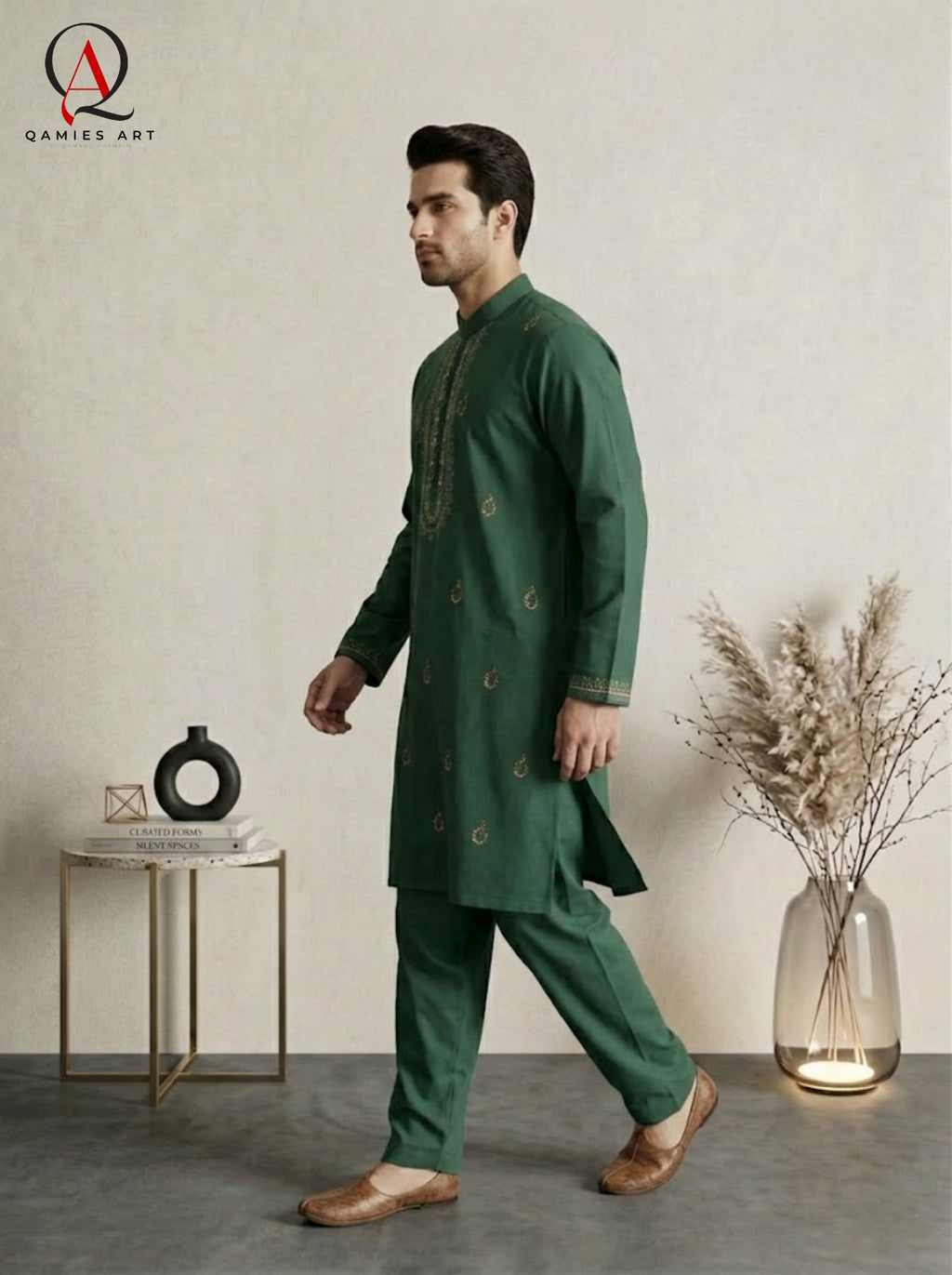 Green Embroidered Kurta Trouser Set