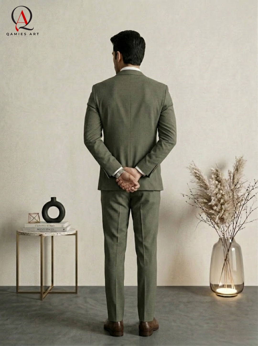 Qamies Art Olive Green Single-breasted Suit Coat Pant