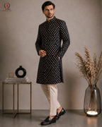 Navy Blue Floral Hand Embroidered Sherwani | Kora, Beads & Sequins