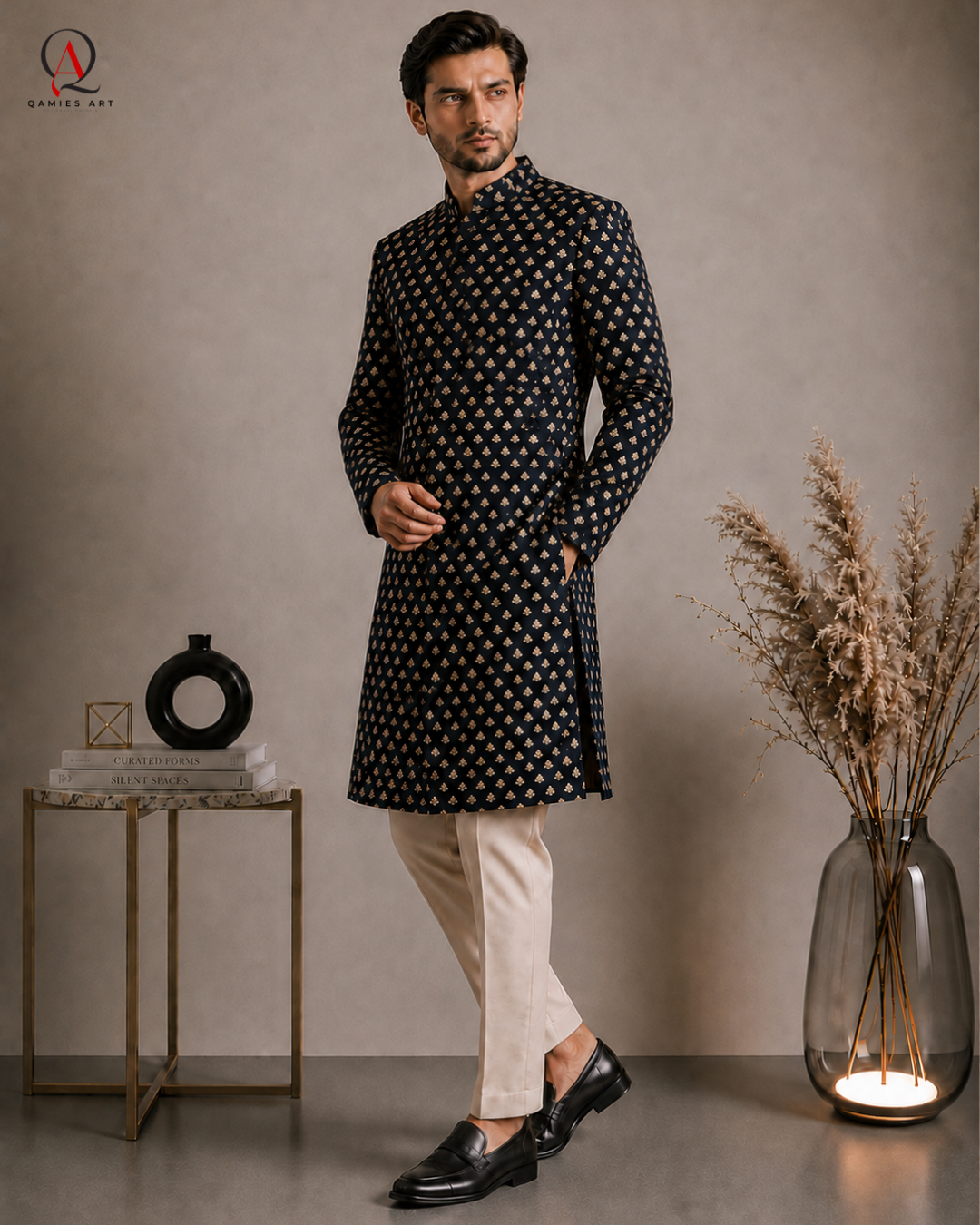 Navy Blue Floral Hand Embroidered Sherwani | Kora, Beads & Sequins