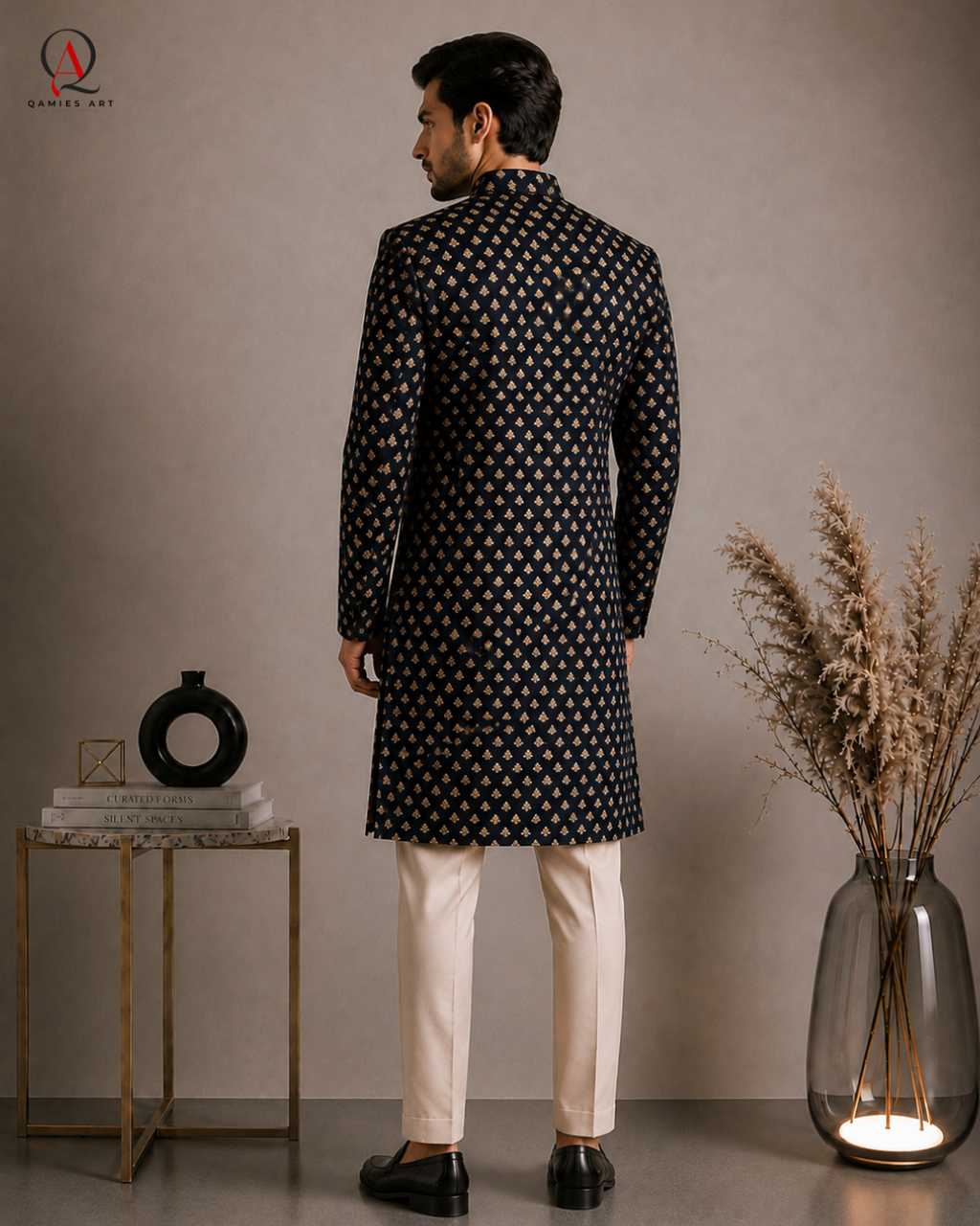 Navy Blue Floral Hand Embroidered Sherwani | Kora, Beads & Sequins