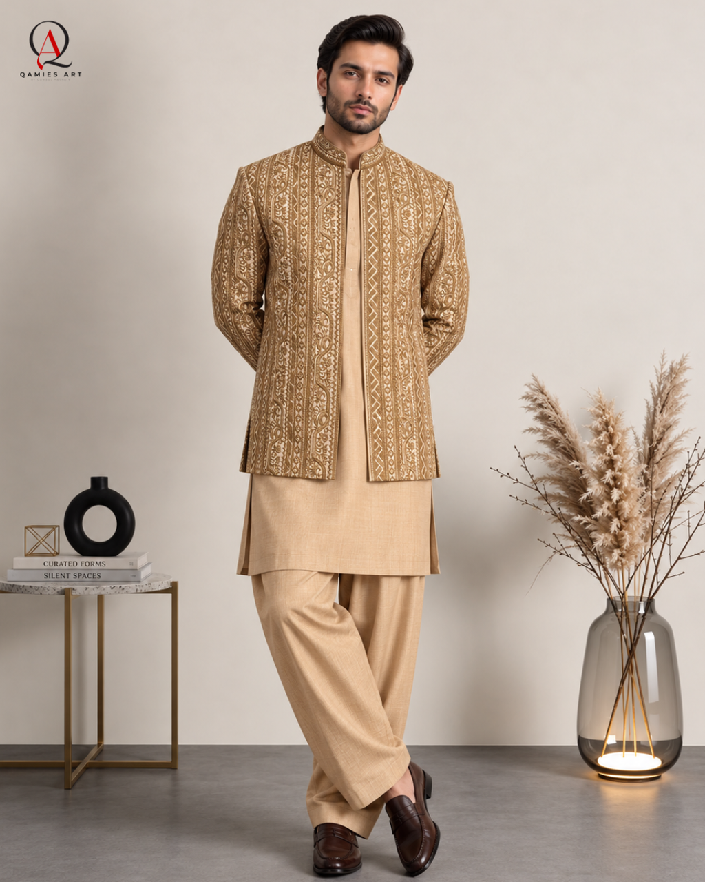 Champagne Gold Prince Coat with Kota Silk Suit | Qamies Art
