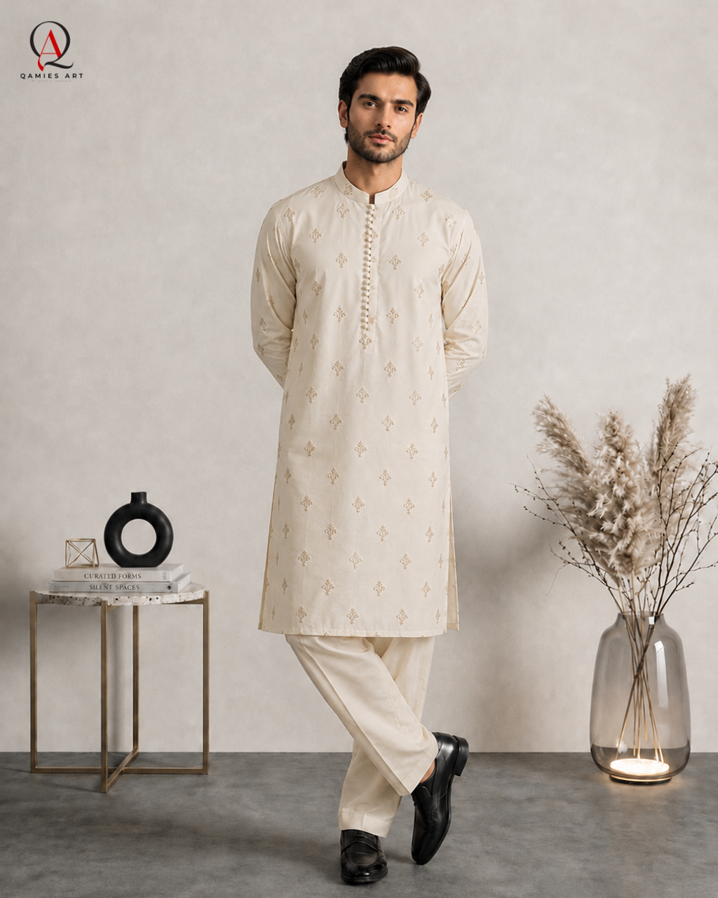 Premium Cotton Silk Embroidered Kurta Pajama with Motif Detailed Embroidery