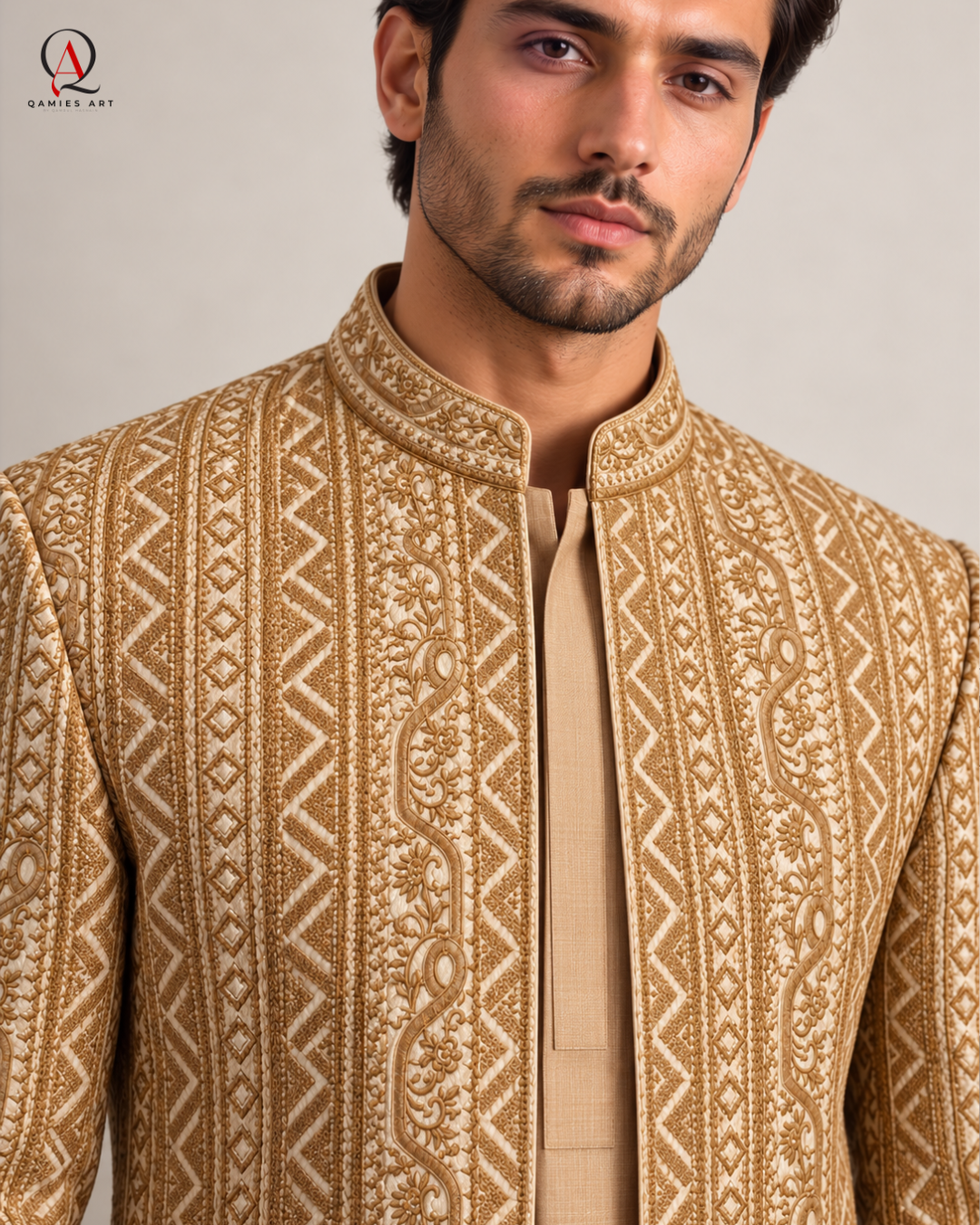 Champagne Gold Prince Coat with Kota Silk Suit | Qamies Art