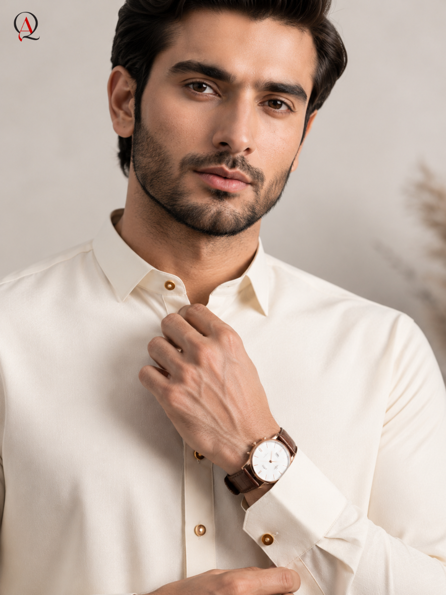 Qamies Art Cream Shalwar Kameez For Men