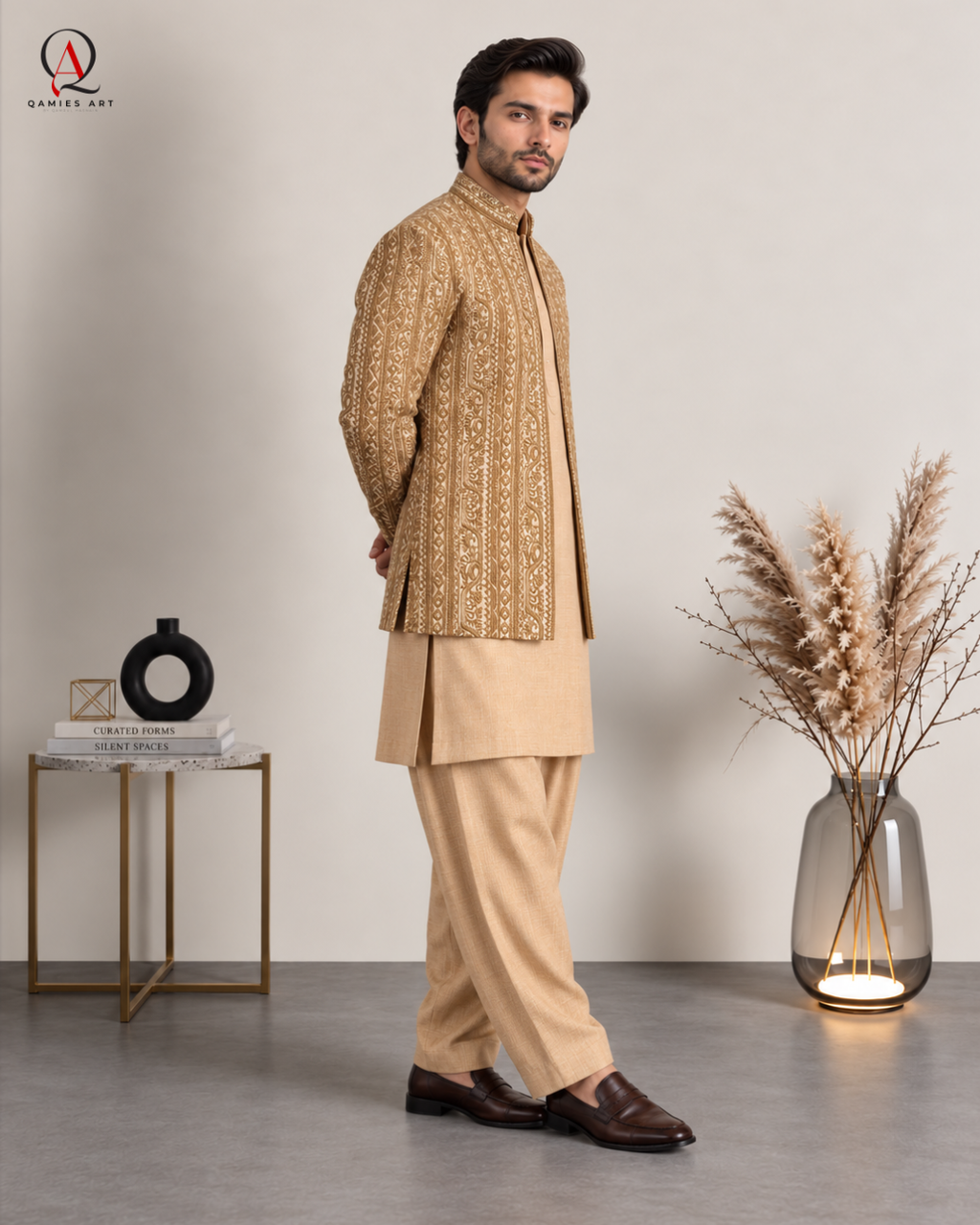 Champagne Gold Prince Coat with Kota Silk Suit | Qamies Art