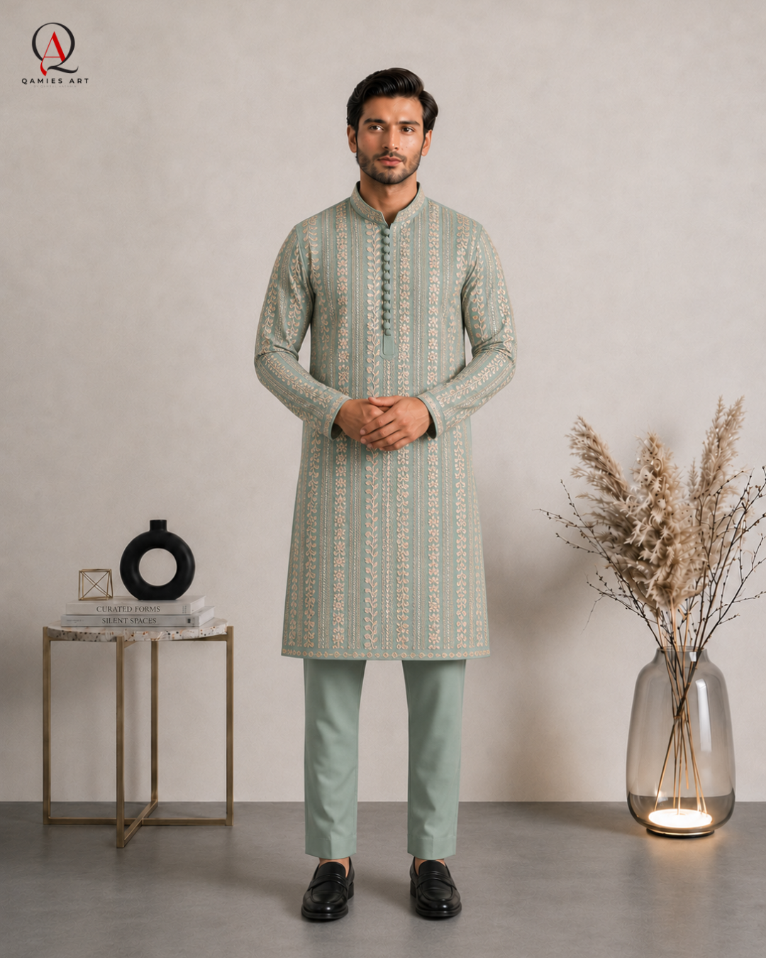 Apple Green Embroidered Fancy Kurta for Men | Machine Embroidery Fabric
