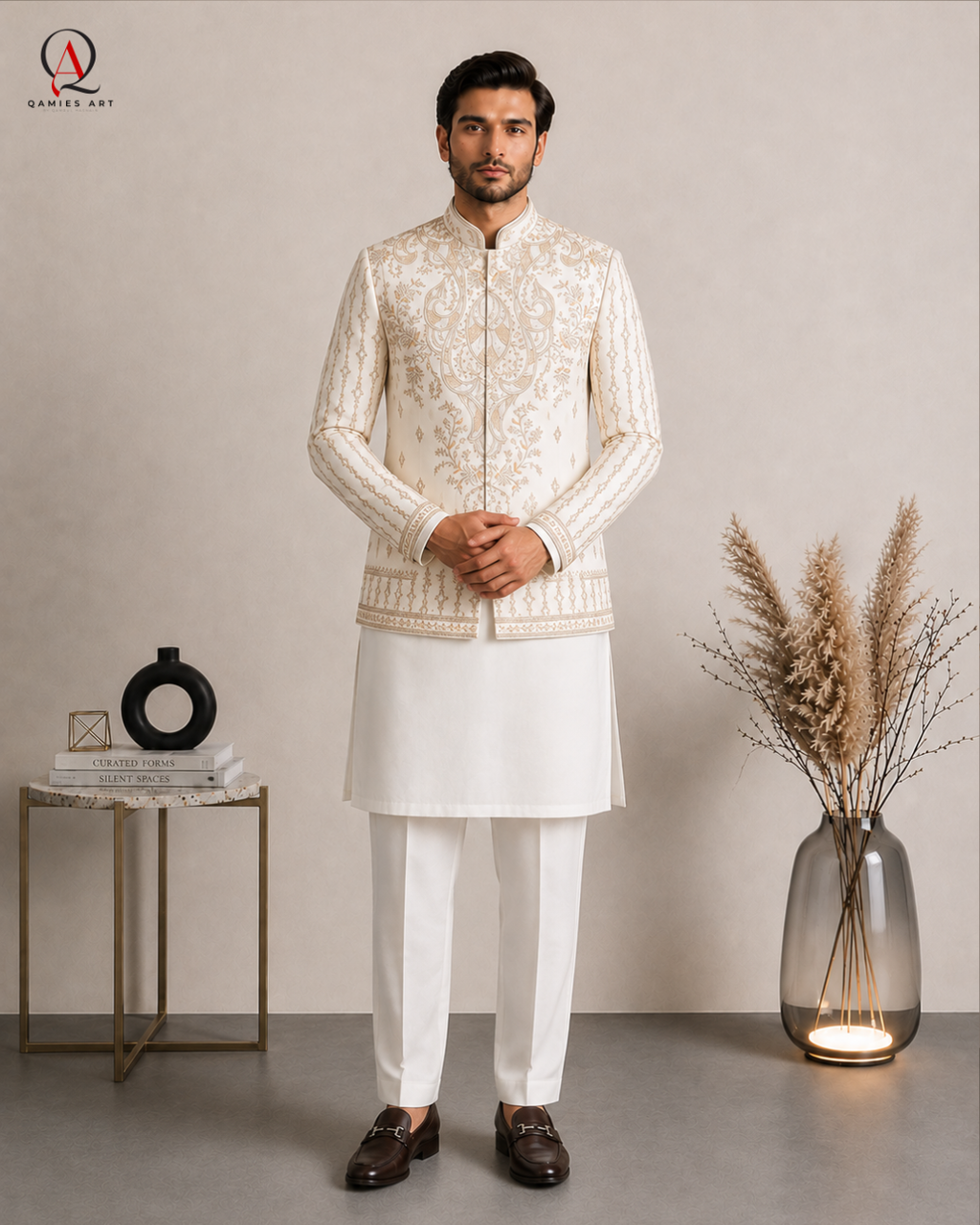 Qamies Art Designer Off-White Jamawar Prince Coat with Thread Embroidery