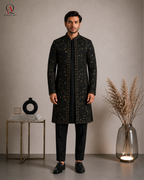Black Embroidered Sherwani for Men | Machine & Hand Embroidery with Tilla, Kora Dabka & Beads