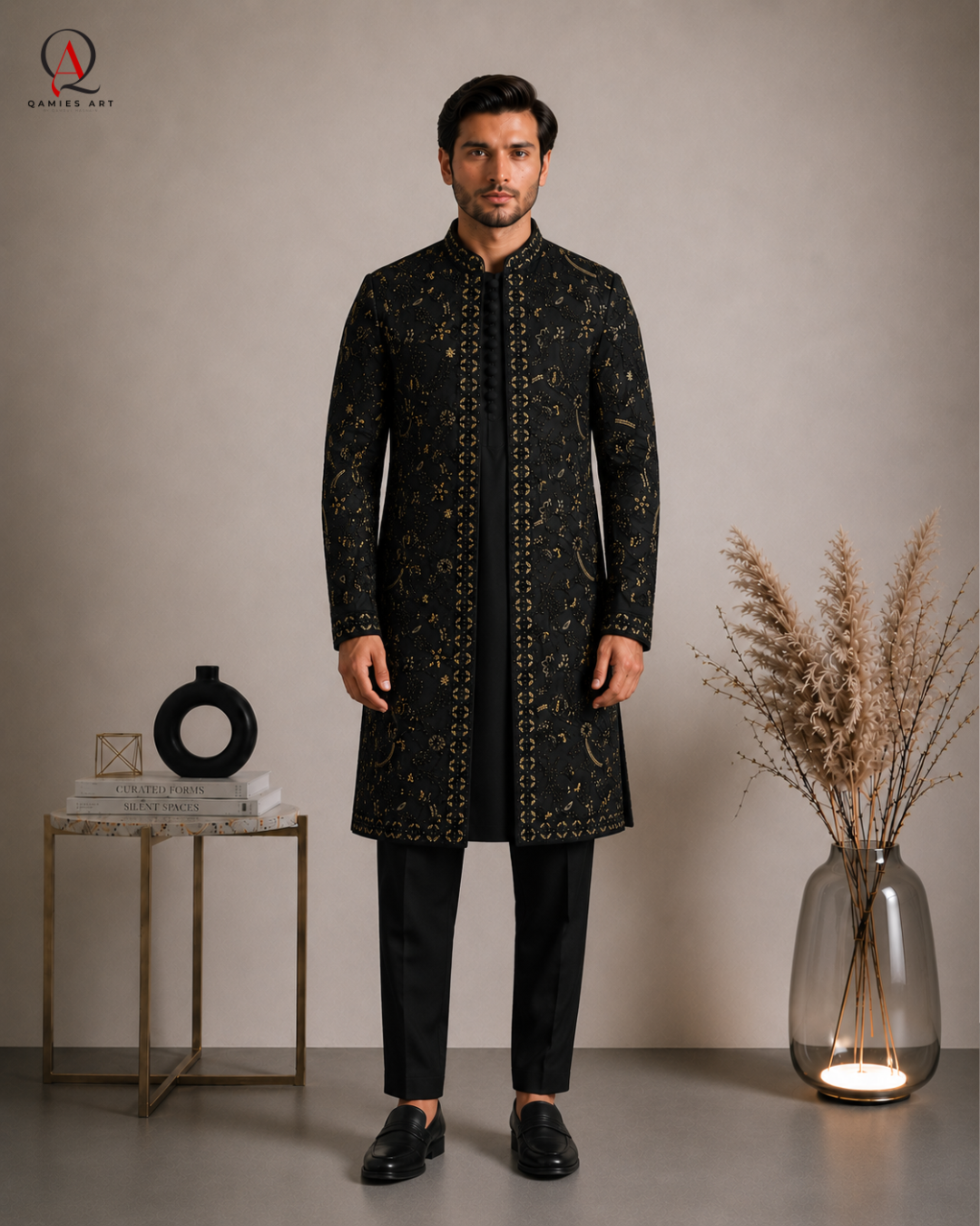 Black Embroidered Sherwani for Men | Machine & Hand Embroidery with Tilla, Kora Dabka & Beads