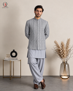 Steel Grey Prince Coat with Premium Kota Silk Suit | Qamies Art