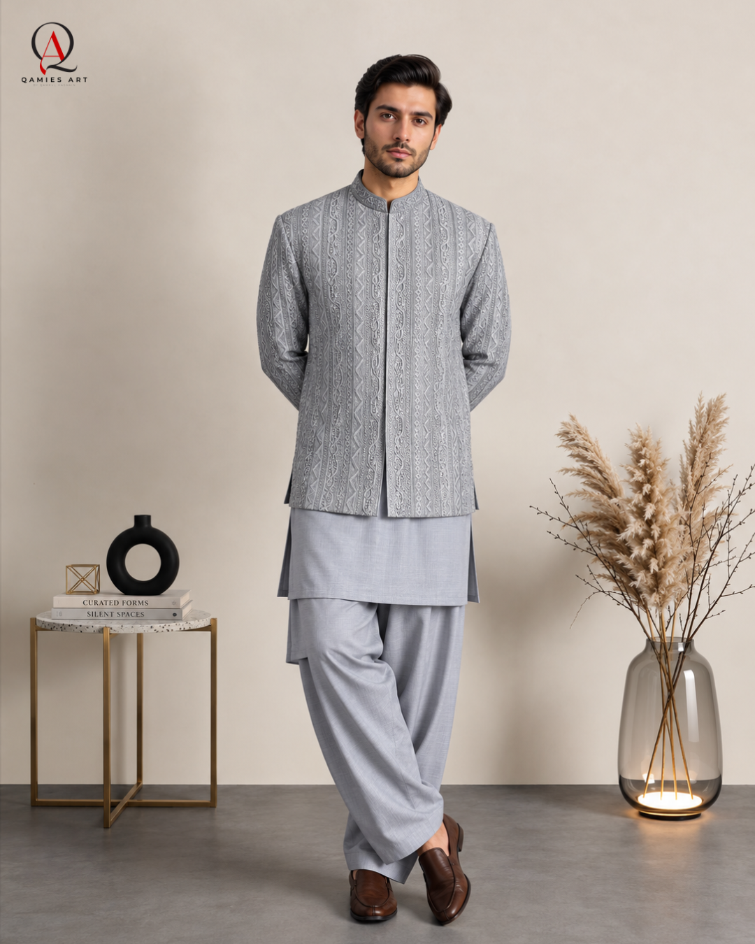 Steel Grey Prince Coat with Premium Kota Silk Suit | Qamies Art