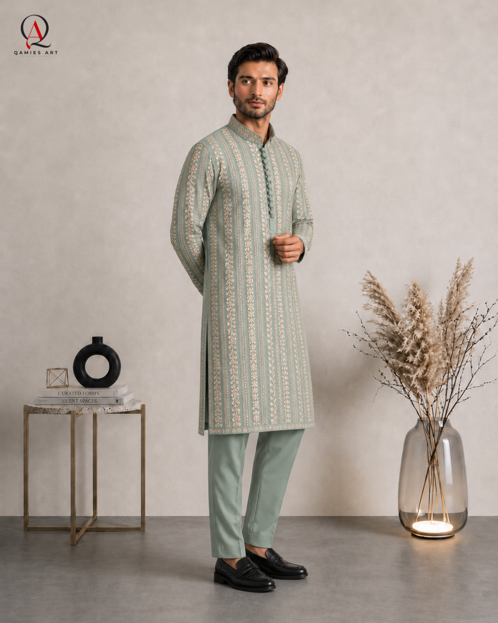 Apple Green Embroidered Fancy Kurta for Men | Machine Embroidery Fabric