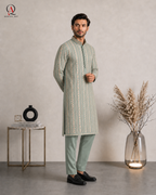 Apple Green Embroidered Fancy Kurta for Men | Machine Embroidery Fabric