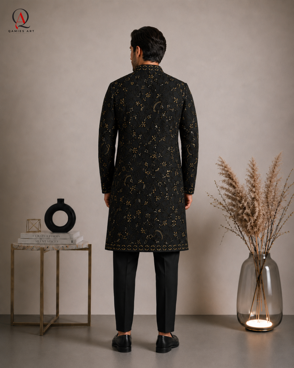 Black Embroidered Sherwani for Men | Machine & Hand Embroidery with Tilla, Kora Dabka & Beads