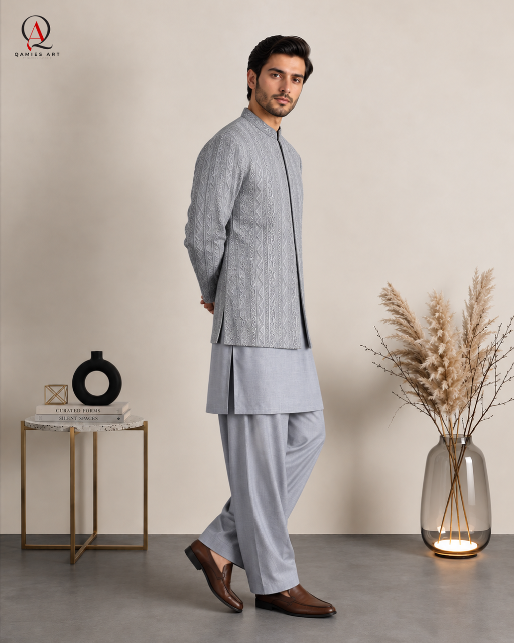 Steel Grey Prince Coat with Premium Kota Silk Suit | Qamies Art
