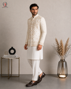 Qamies Art Designer Off-White Jamawar Prince Coat with Thread Embroidery