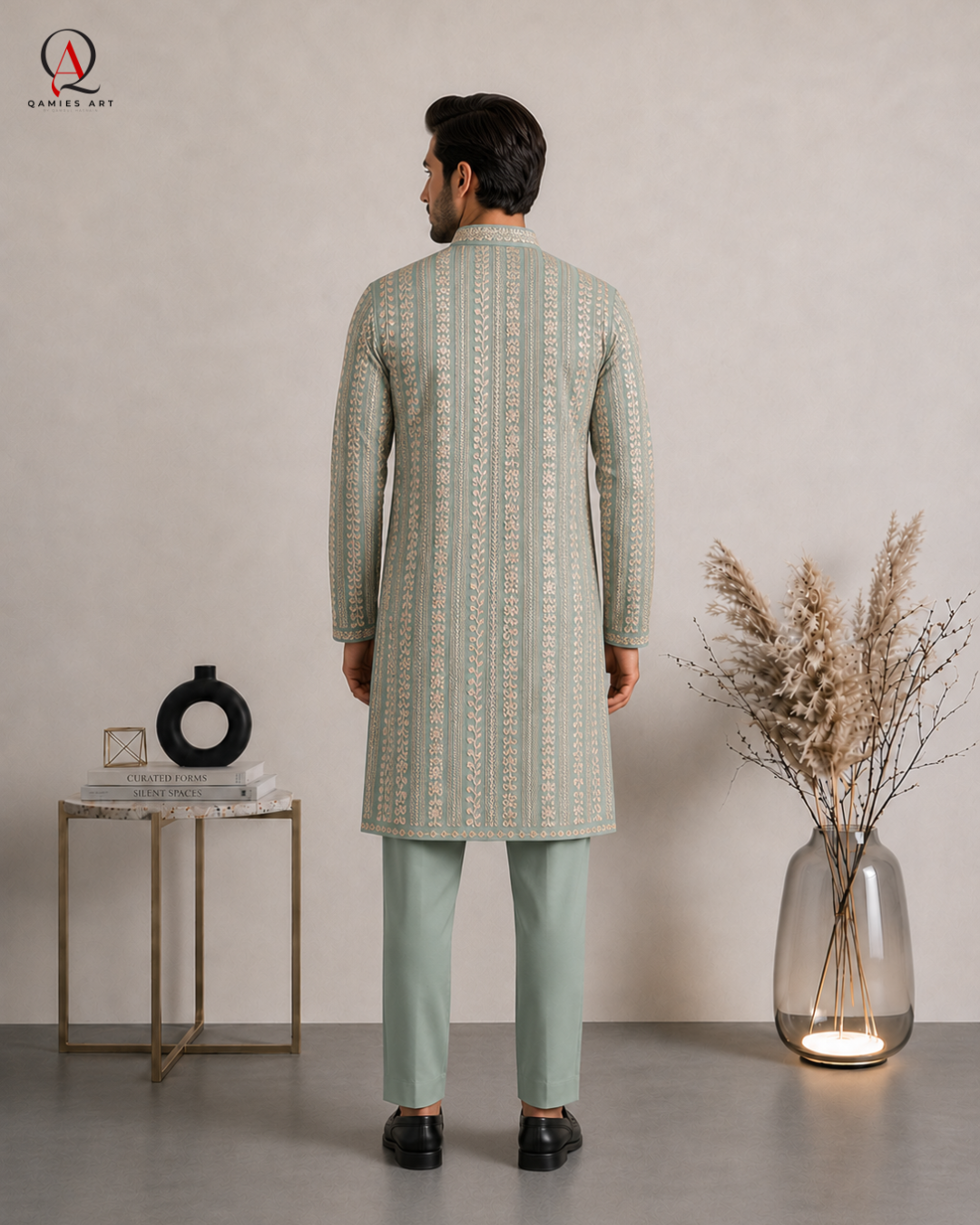 Apple Green Embroidered Fancy Kurta for Men | Machine Embroidery Fabric